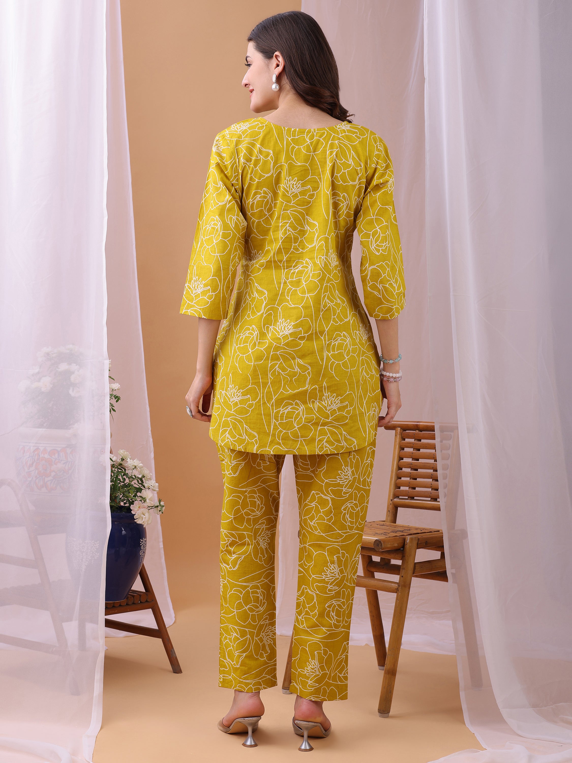 Cozy Mustard Floral Printed Pure Cambric Cotton Co-ords set