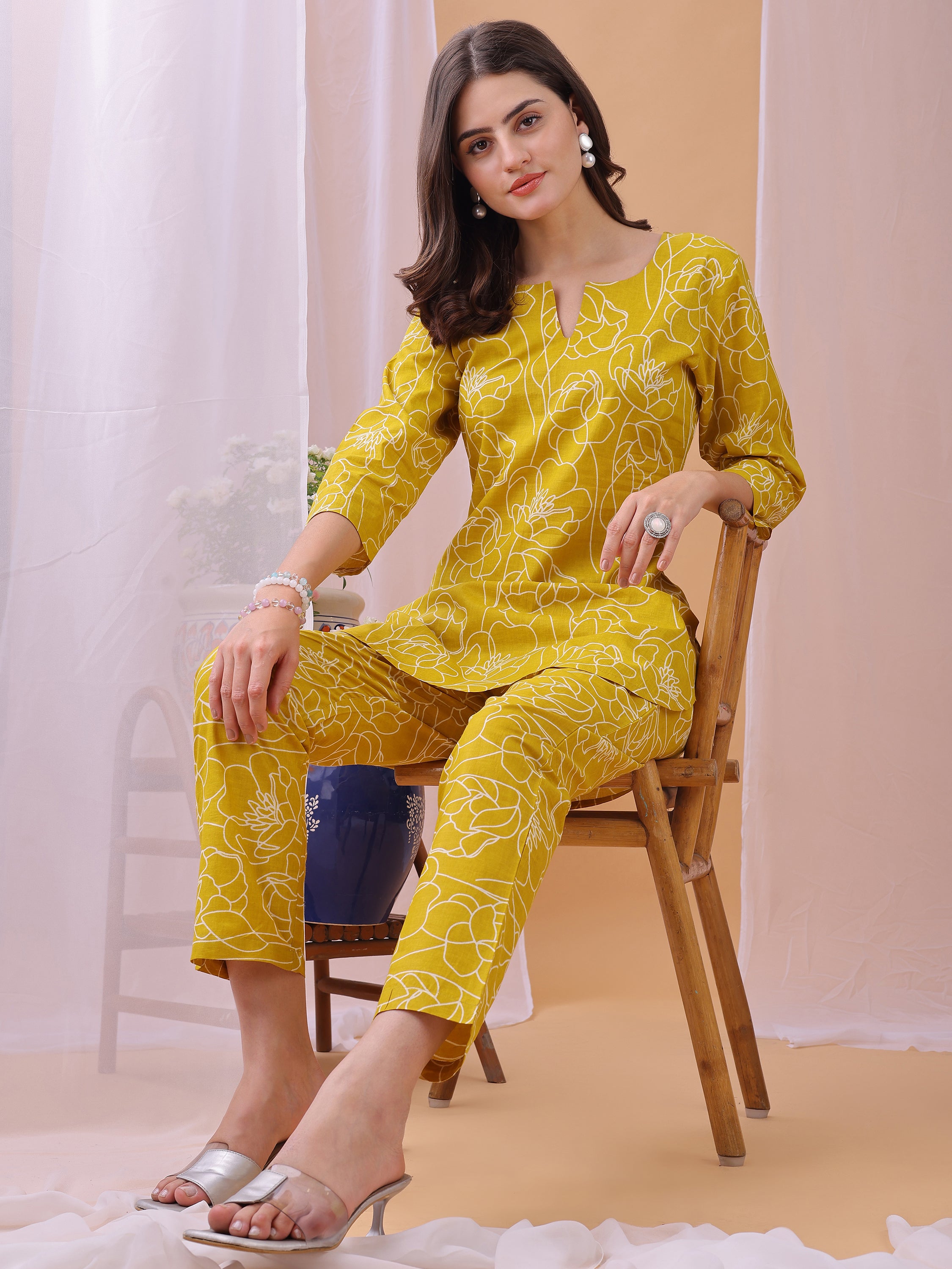 Cozy Mustard Floral Printed Pure Cambric Cotton Co-ords set