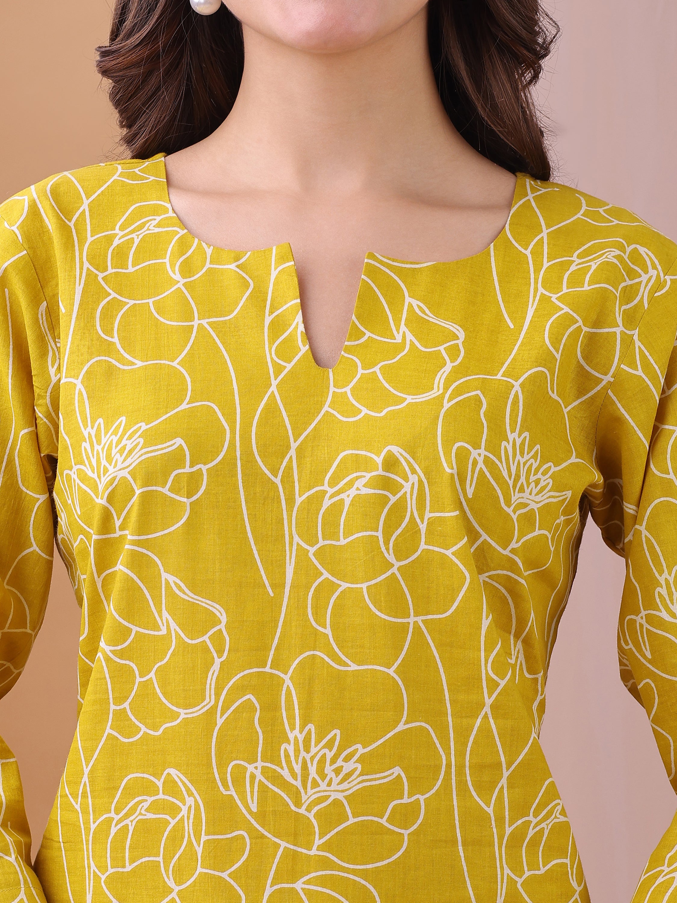 Cozy Mustard Floral Printed Pure Cambric Cotton Co-ords set
