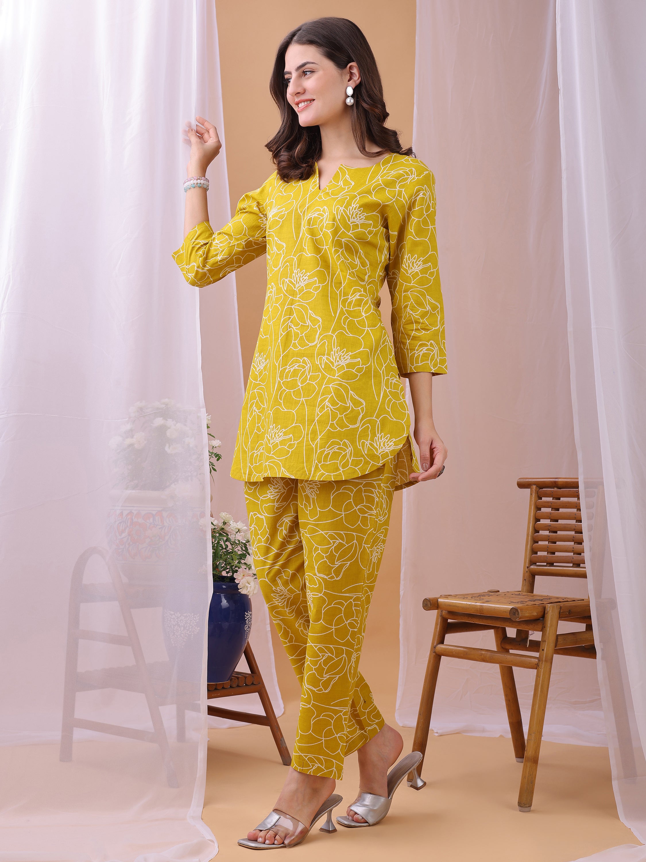 Cozy Mustard Floral Printed Pure Cambric Cotton Co-ords set