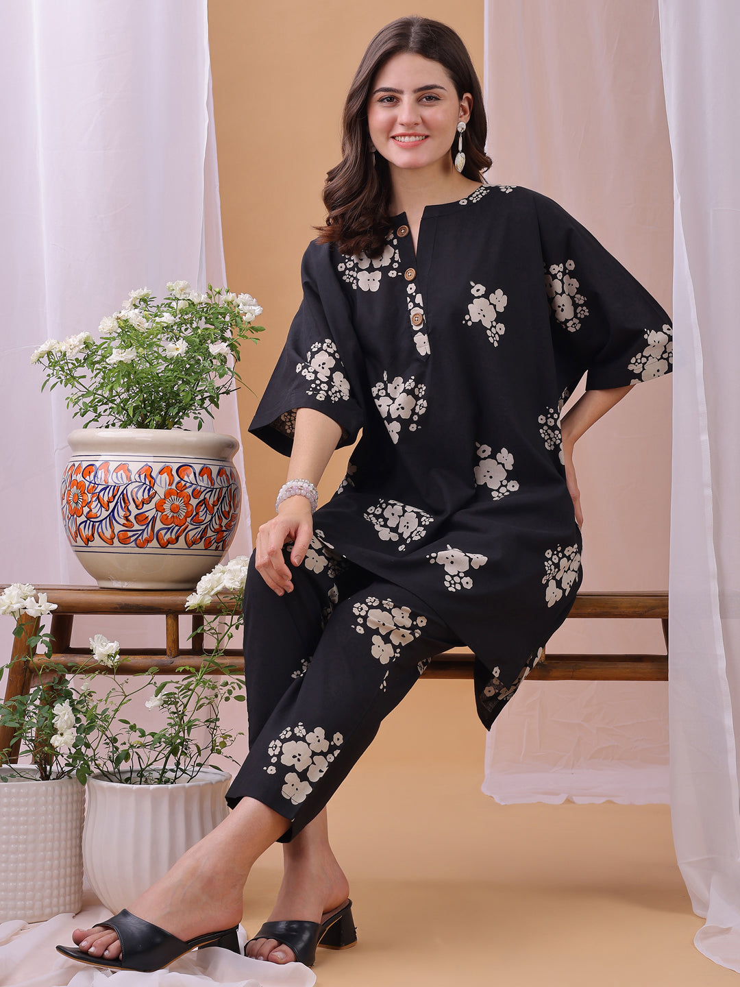 Cozy Black Floral Printed Pure Cambric Cotton Co-ords set