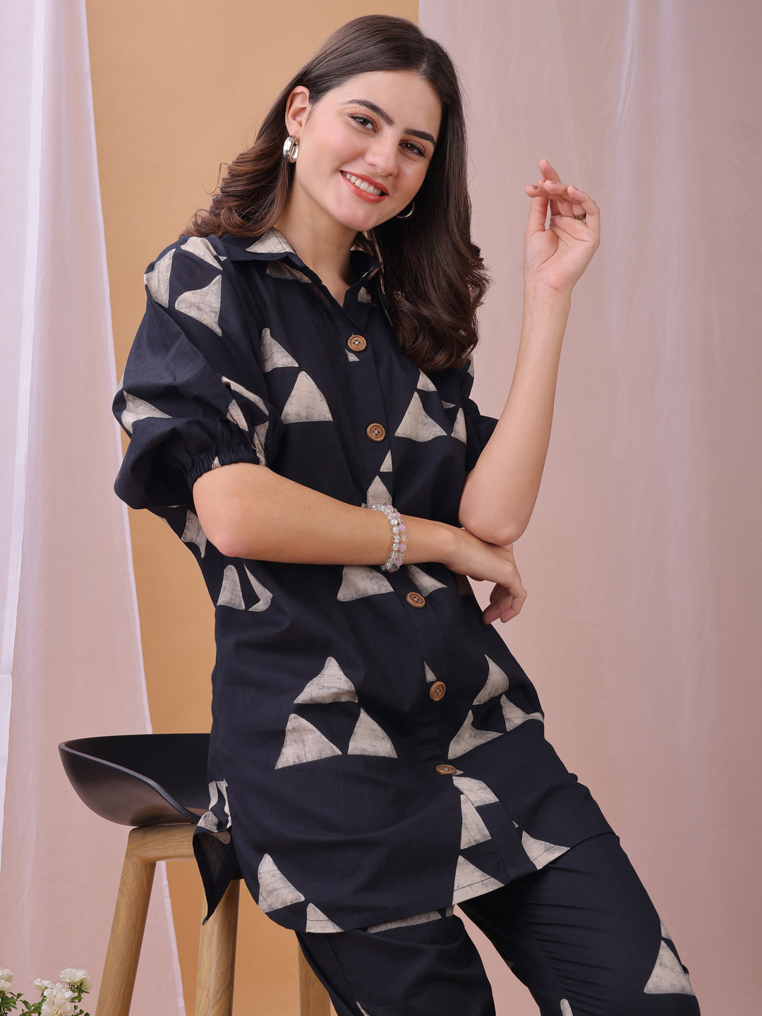 Black Gemoetric Printed Pure Cambric Cotton Co-ords set