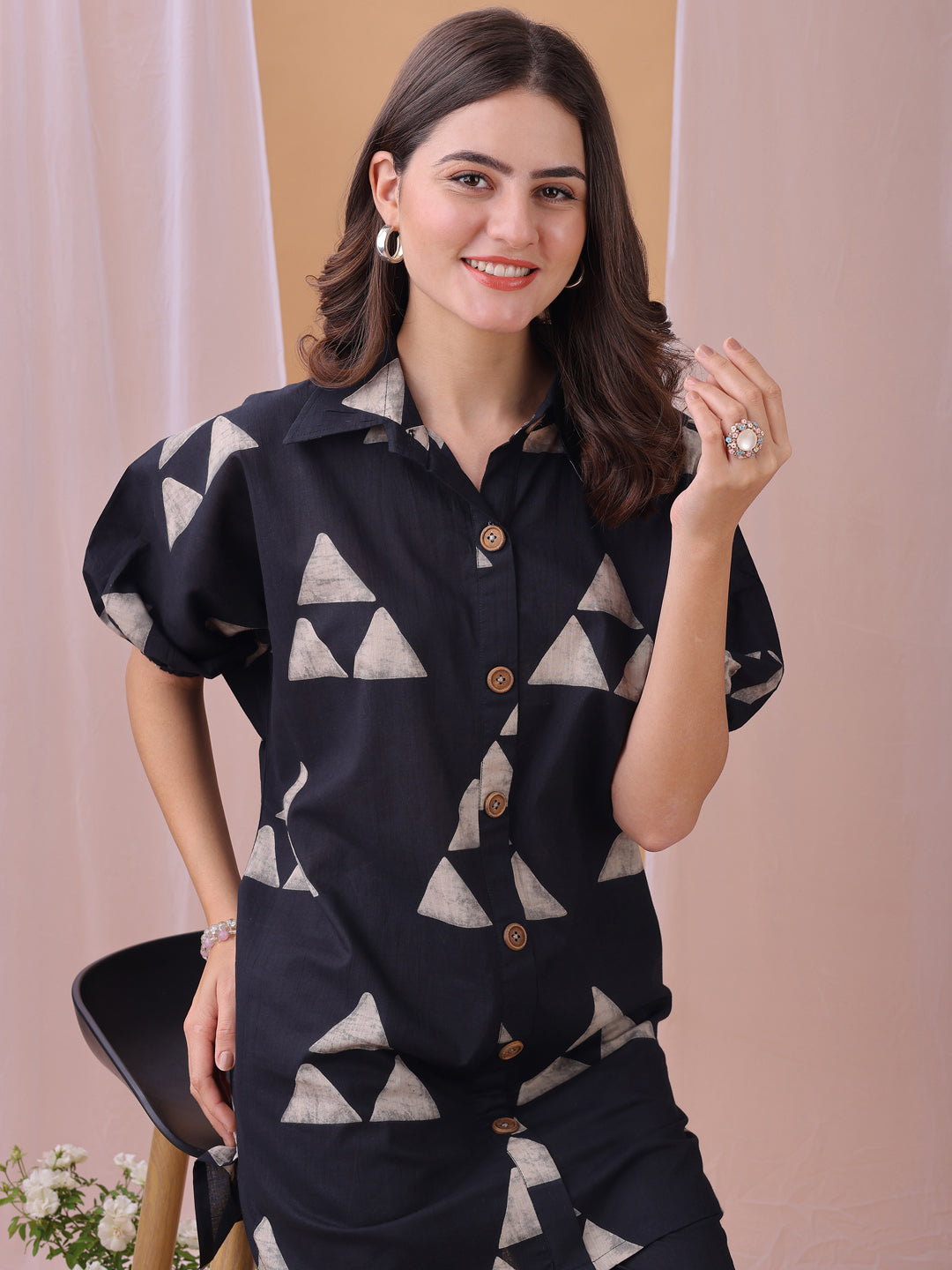 Black Gemoetric Printed Pure Cambric Cotton Co-ords set