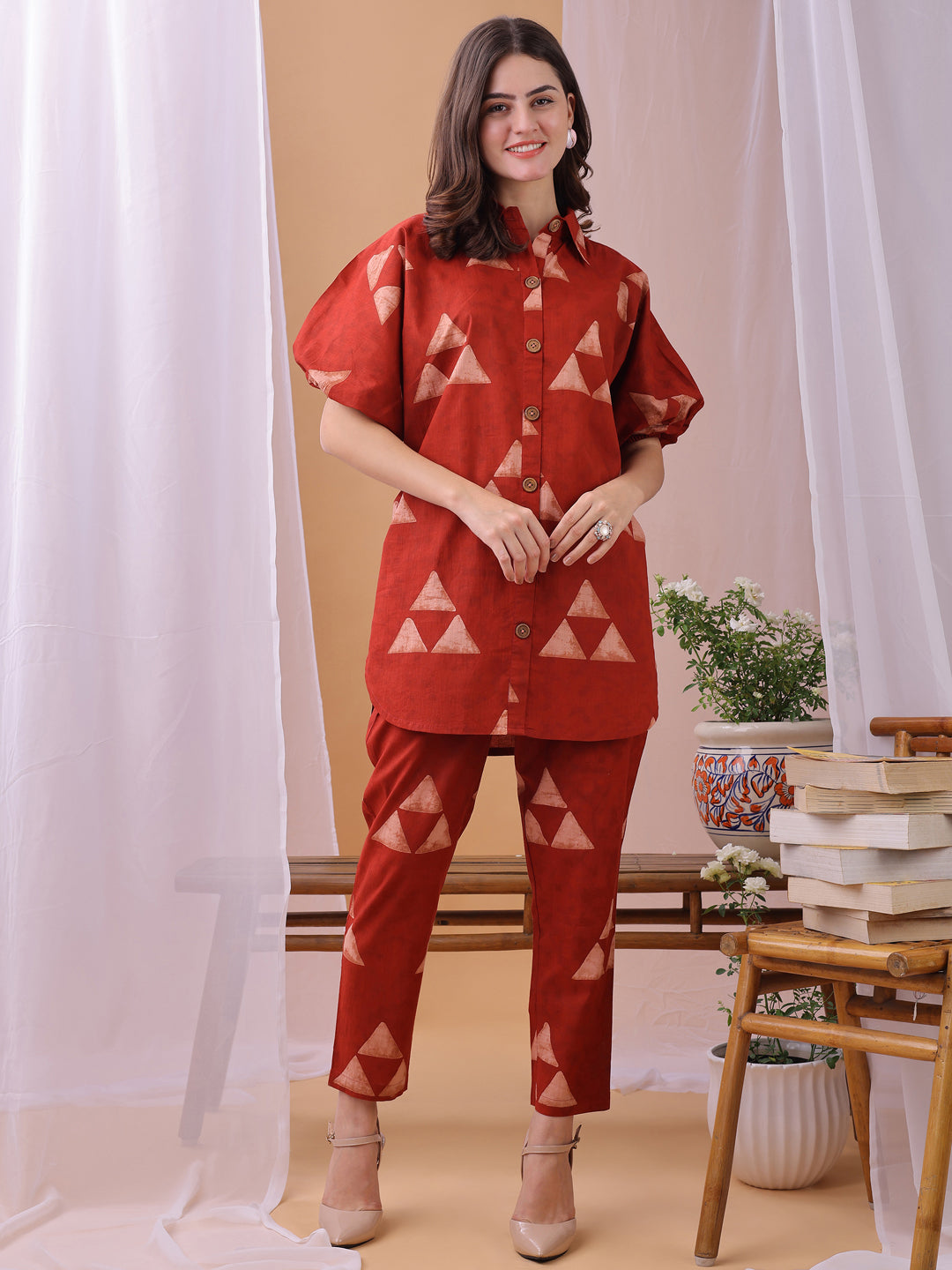 Red Gemoetric Printed Pure Cambric Cotton Co-ords set