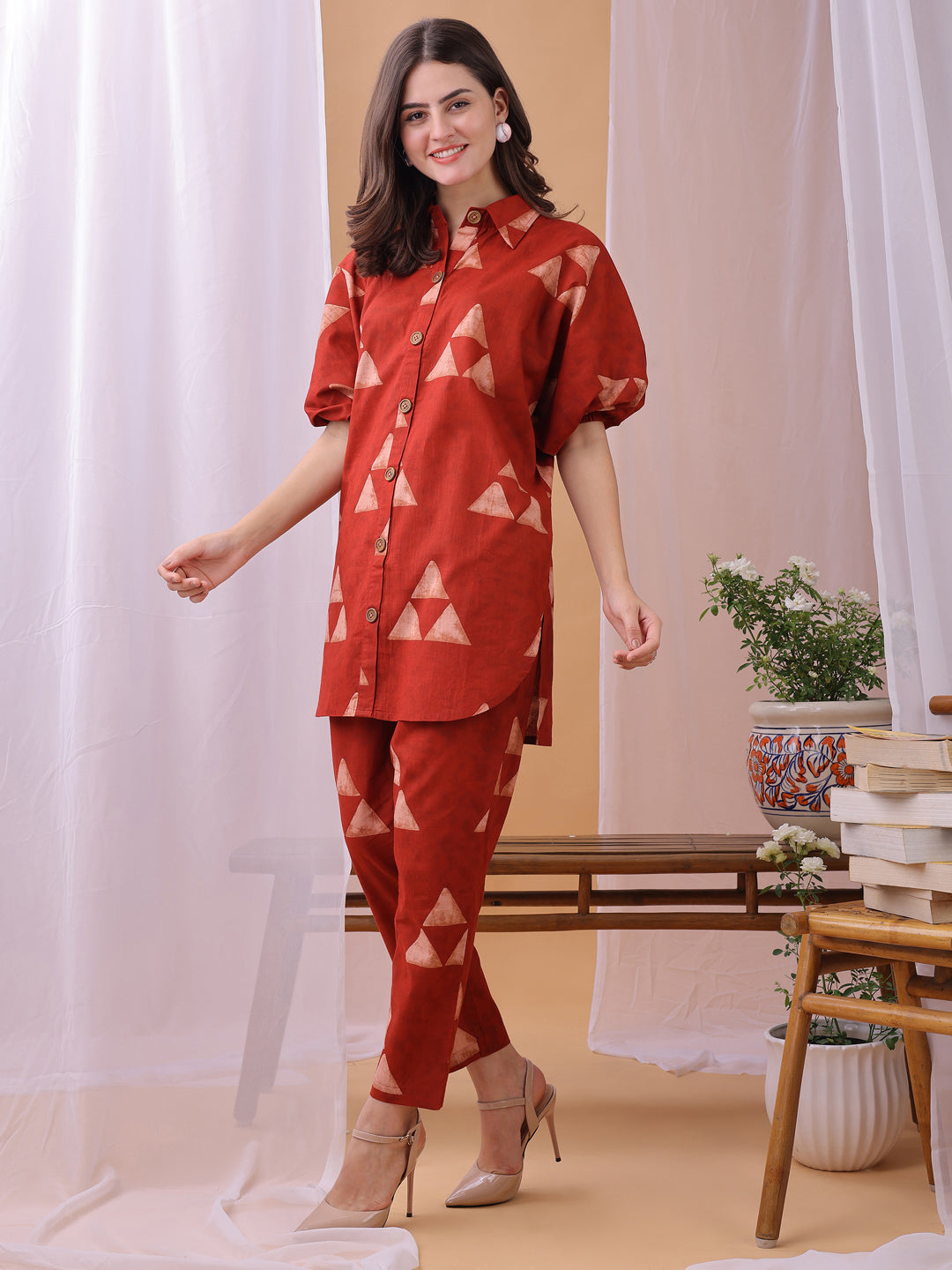 Red Gemoetric Printed Pure Cambric Cotton Co-ords set