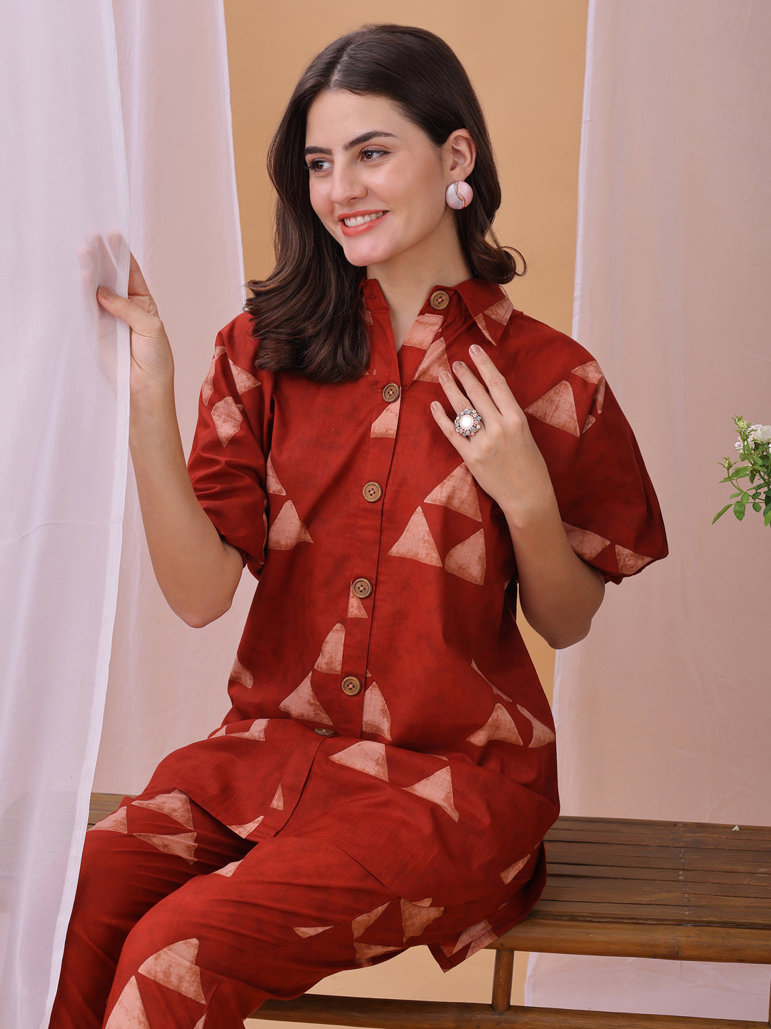 Red Gemoetric Printed Pure Cambric Cotton Co-ords set