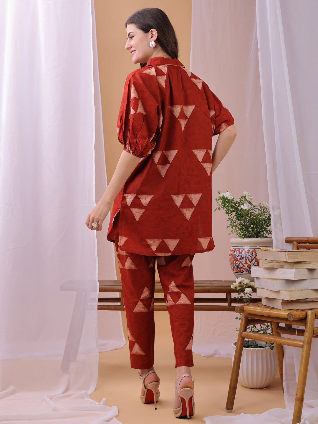 Red Gemoetric Printed Pure Cambric Cotton Co-ords set
