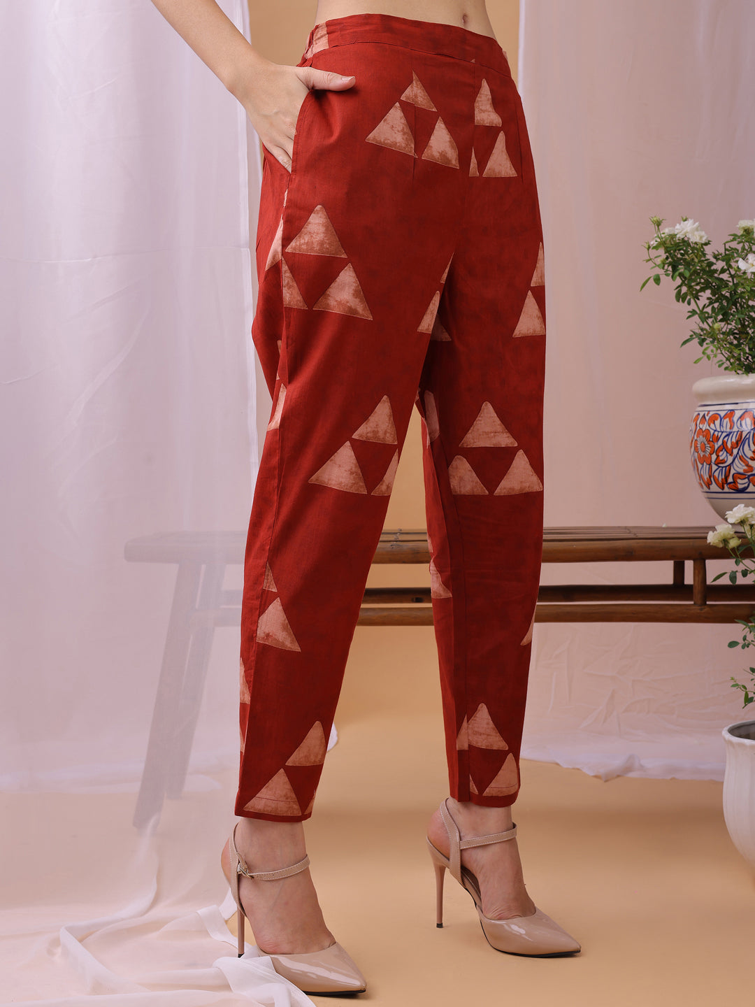 Red Gemoetric Printed Pure Cambric Cotton Co-ords set