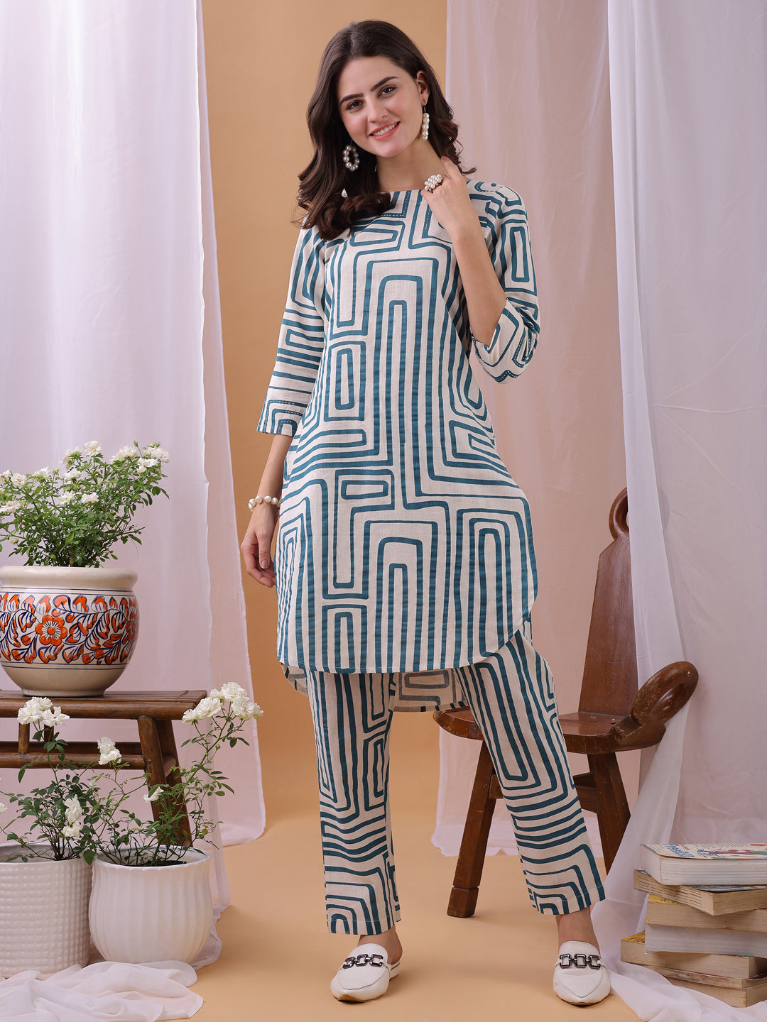 Turquoise Floral Printed Pure Flex Cotton Co-ords set