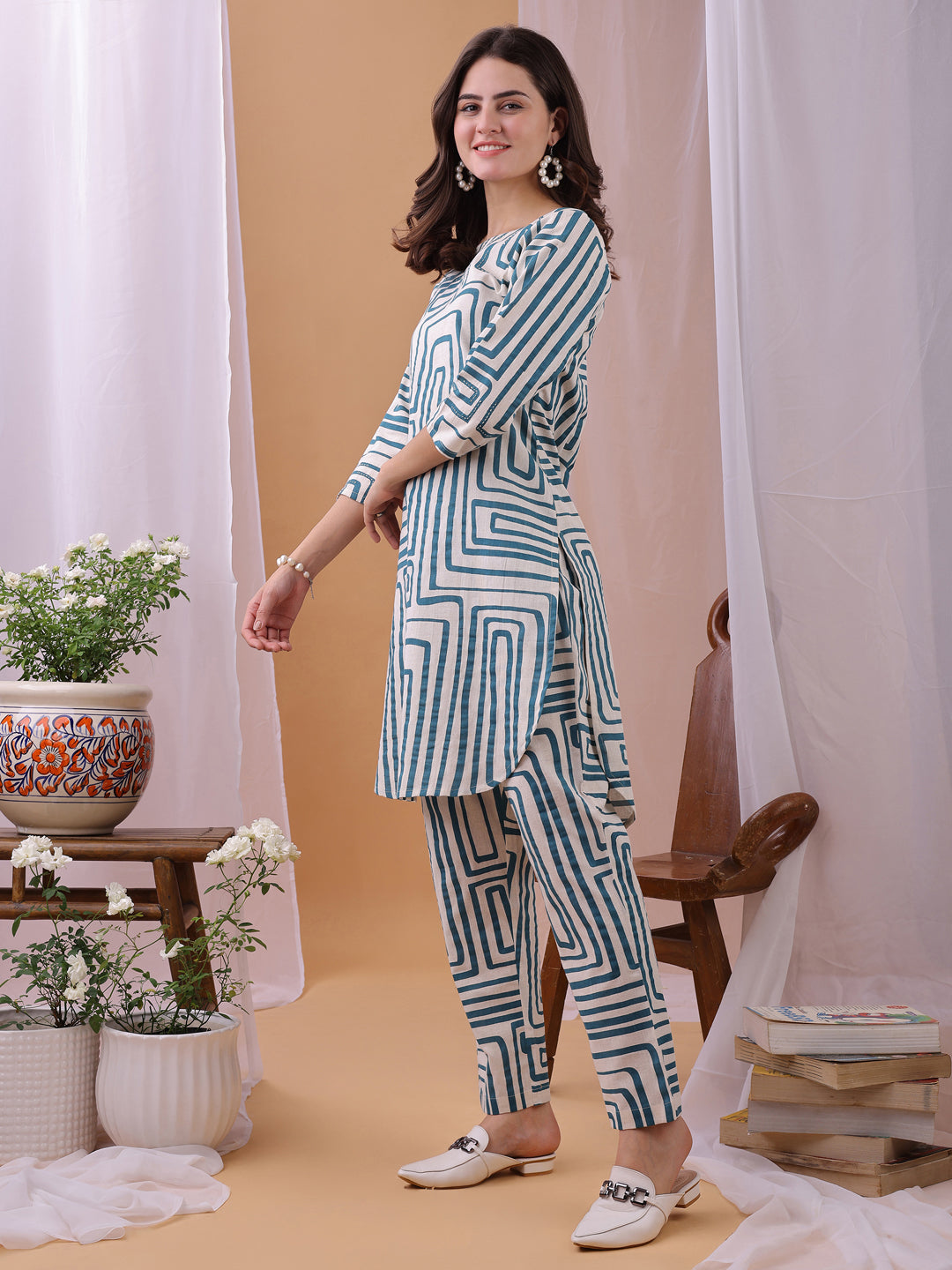 Turquoise Floral Printed Pure Flex Cotton Co-ords set