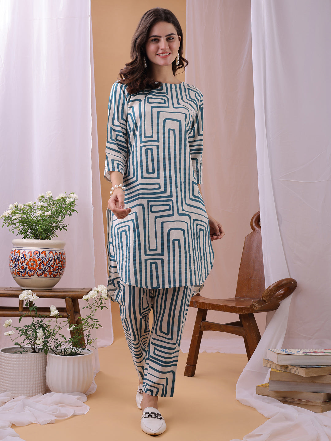 Turquoise Floral Printed Pure Flex Cotton Co-ords set