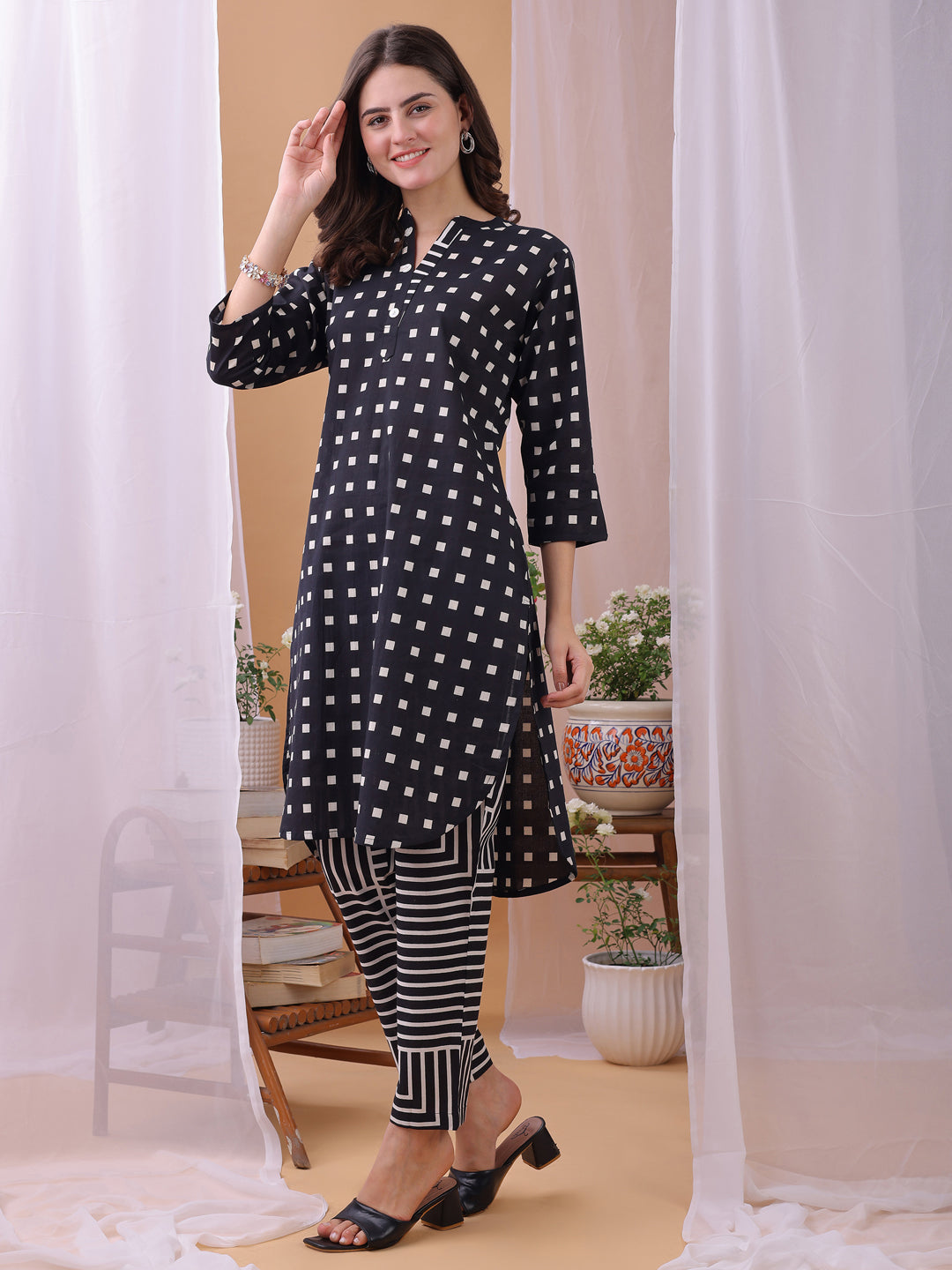 Black Pure Cambric Cotton Printed Gemoetric Co-ords set