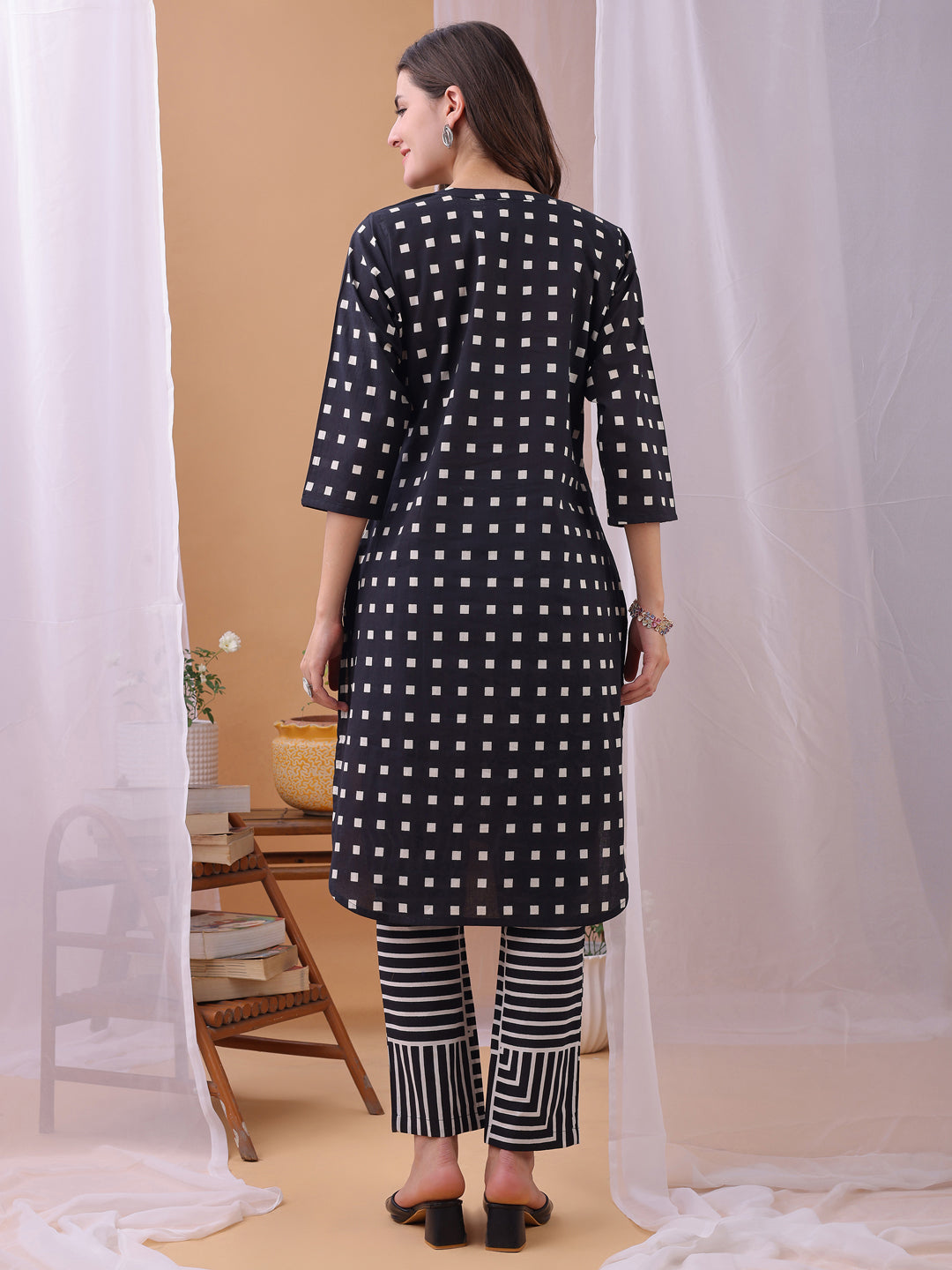 Black Pure Cambric Cotton Printed Gemoetric Co-ords set