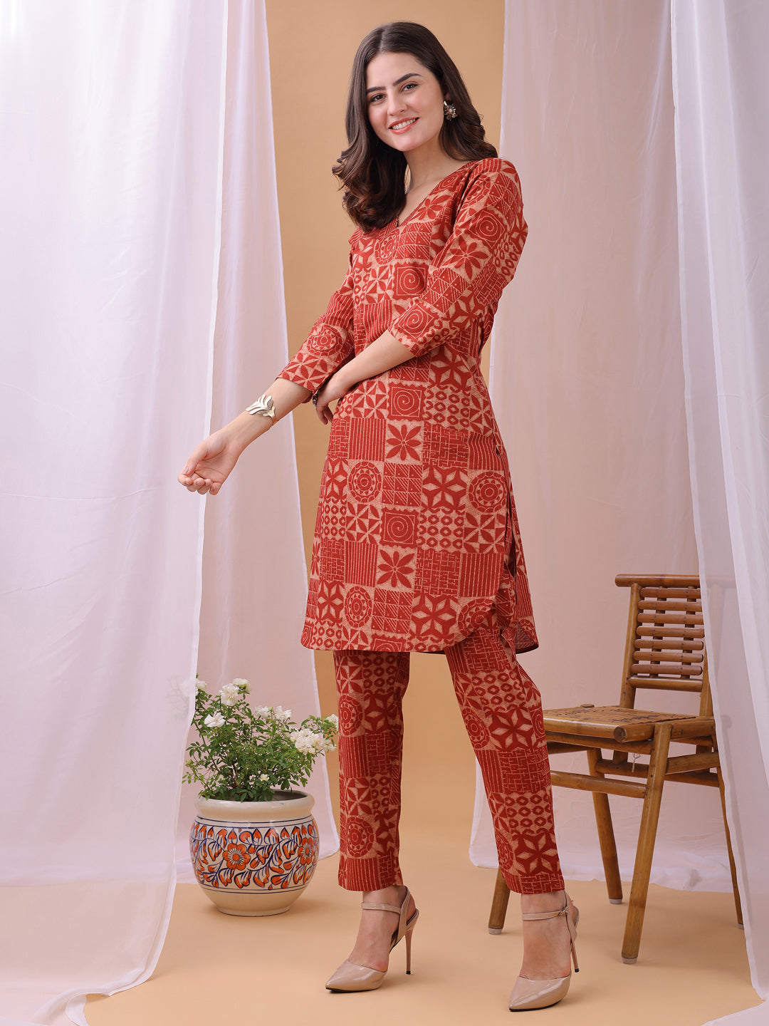 Cozy Red Pure Cambric Cotton Printed Block Print Co-ords set