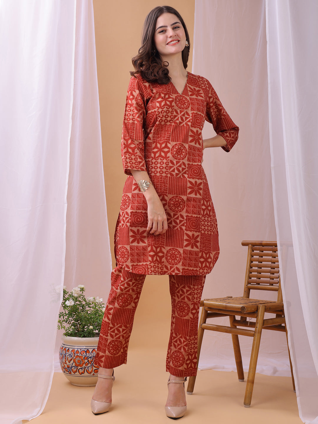 Cozy Red Pure Cambric Cotton Printed Block Print Co-ords set