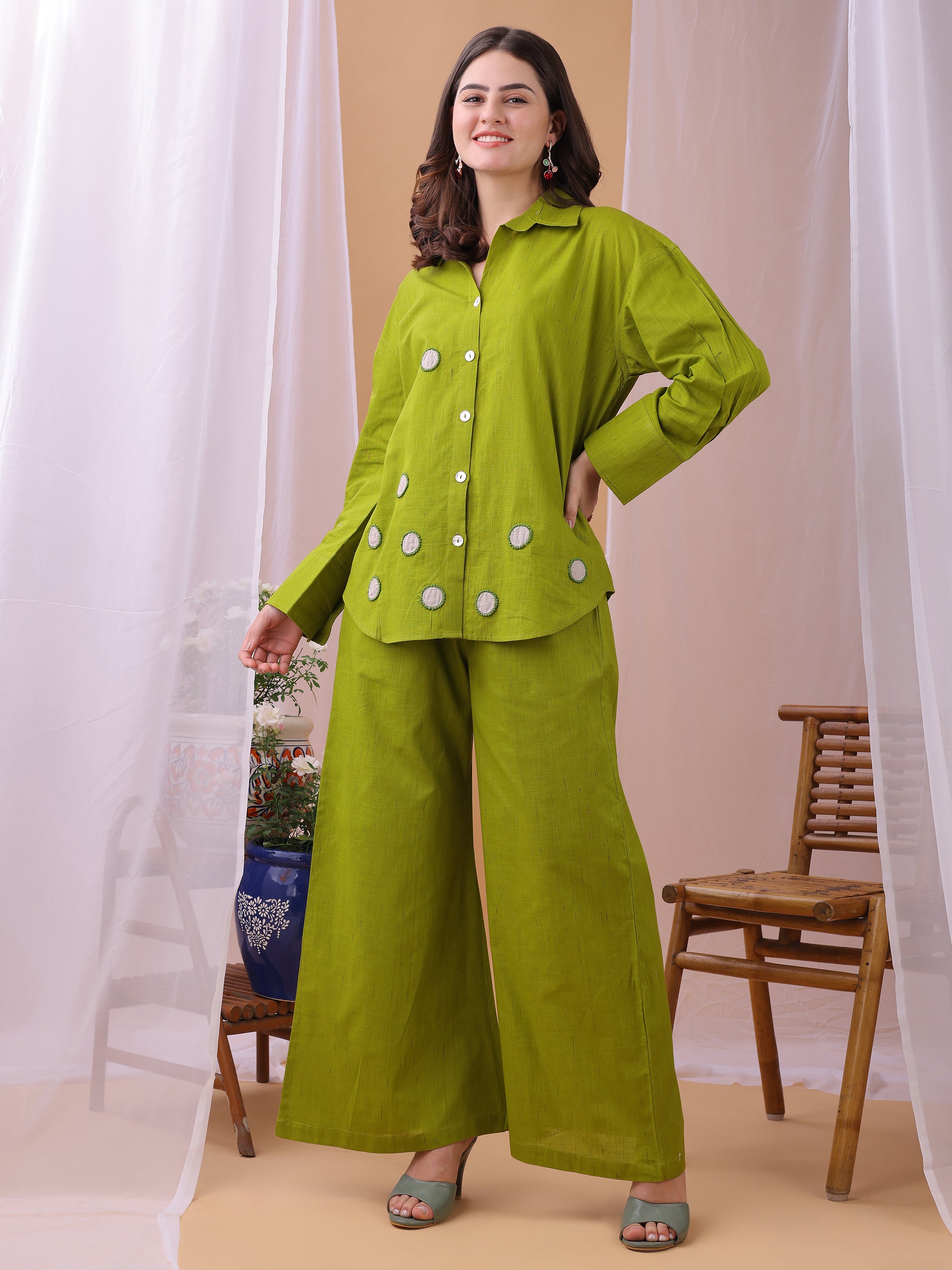 Parrot Green Pure Flex Cotton Handwork Polkha dots Co-ords set