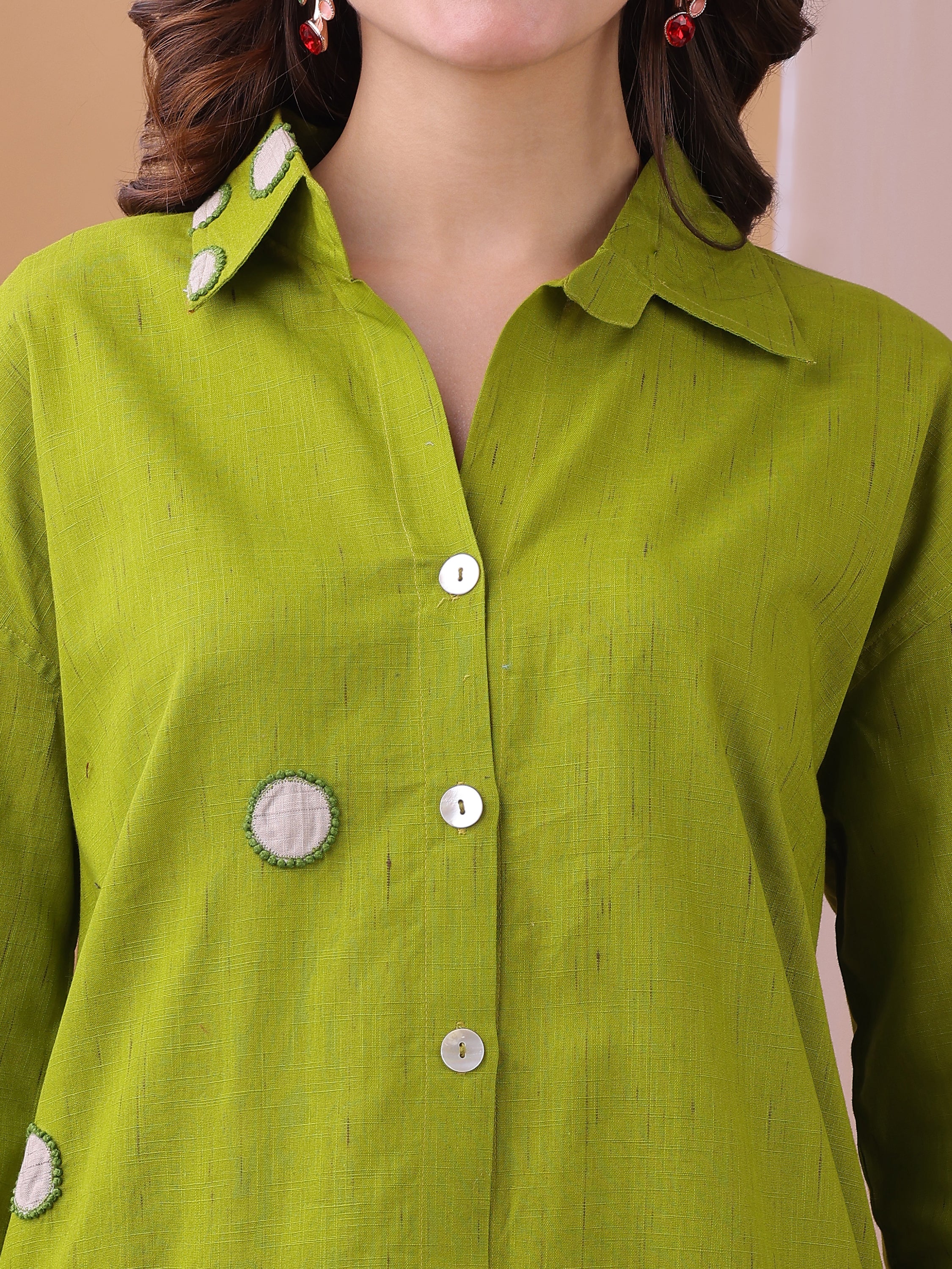 Parrot Green Pure Flex Cotton Handwork Polkha dots Co-ords set