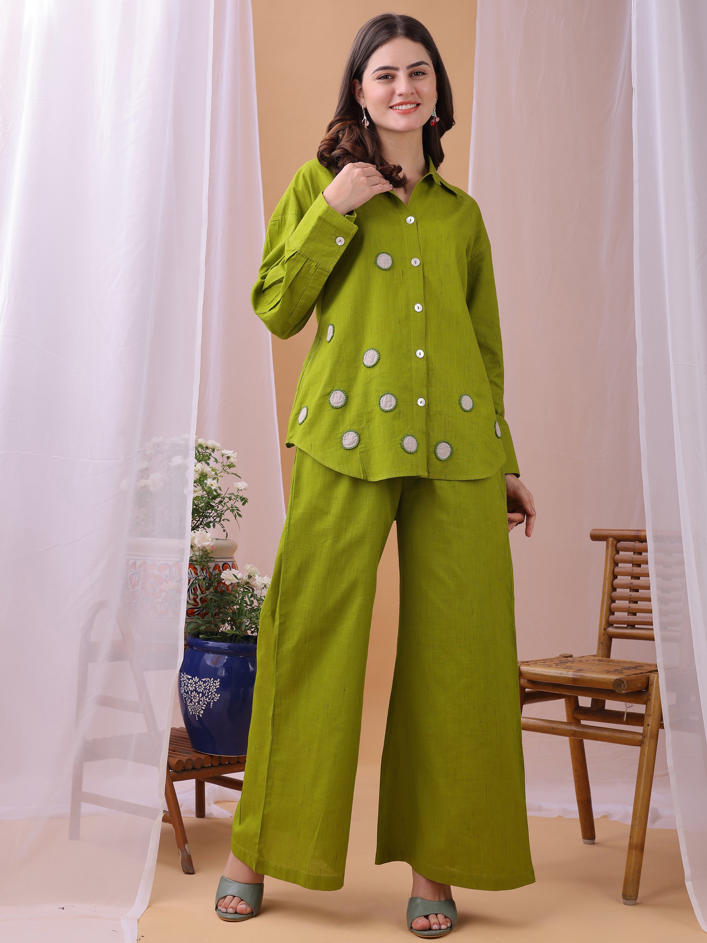 Parrot Green Pure Flex Cotton Handwork Polkha dots Co-ords set