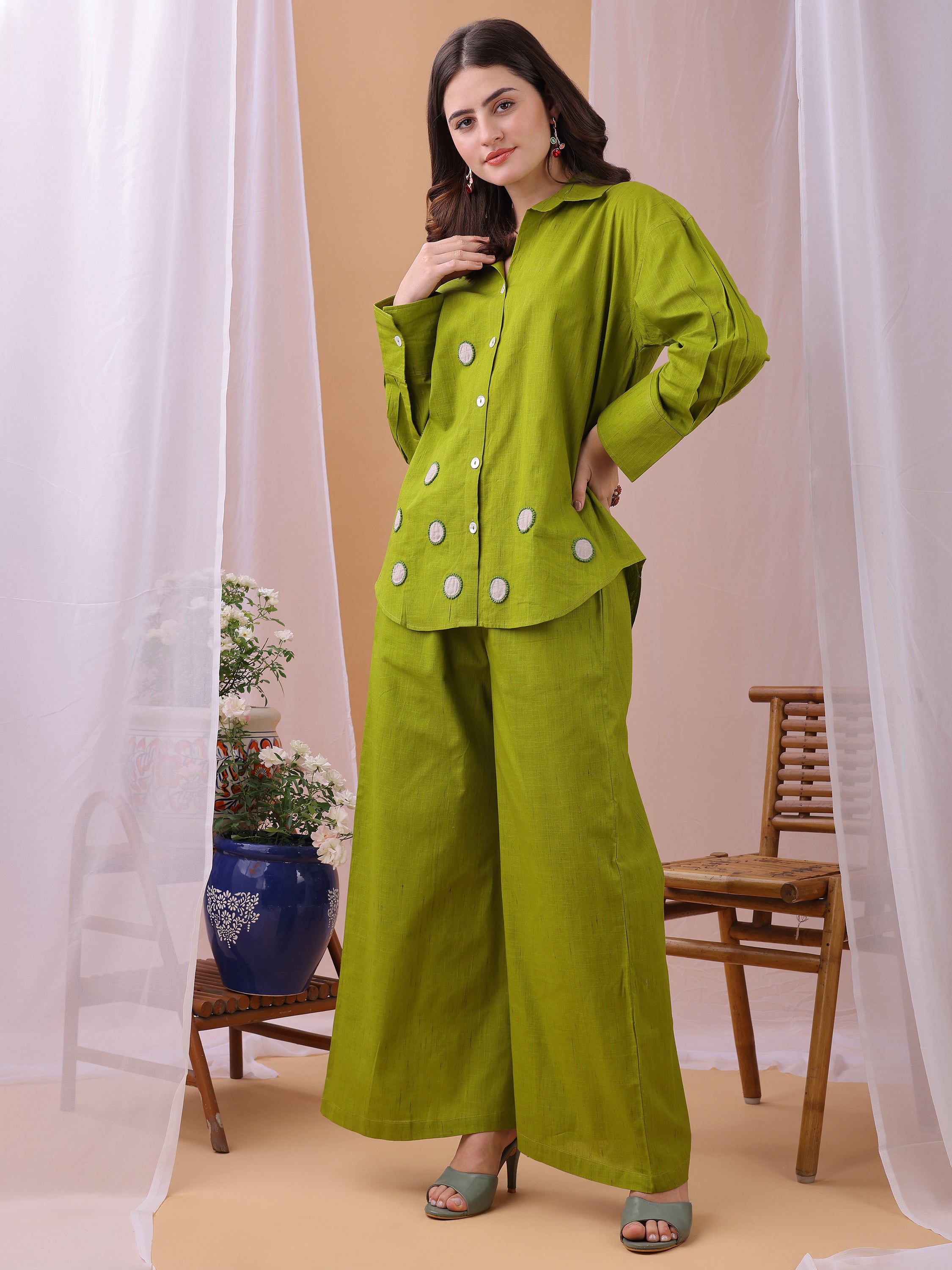 Parrot Green Pure Flex Cotton Handwork Polkha dots Co-ords set