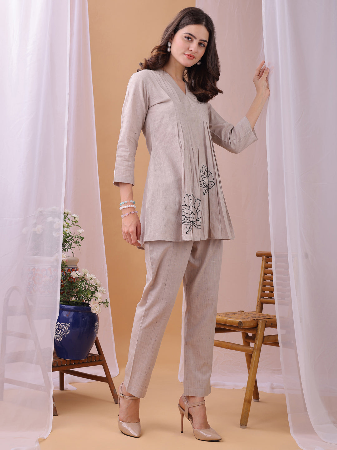 Brown Pure Flex Cotton Handwork Floral Co-ords set