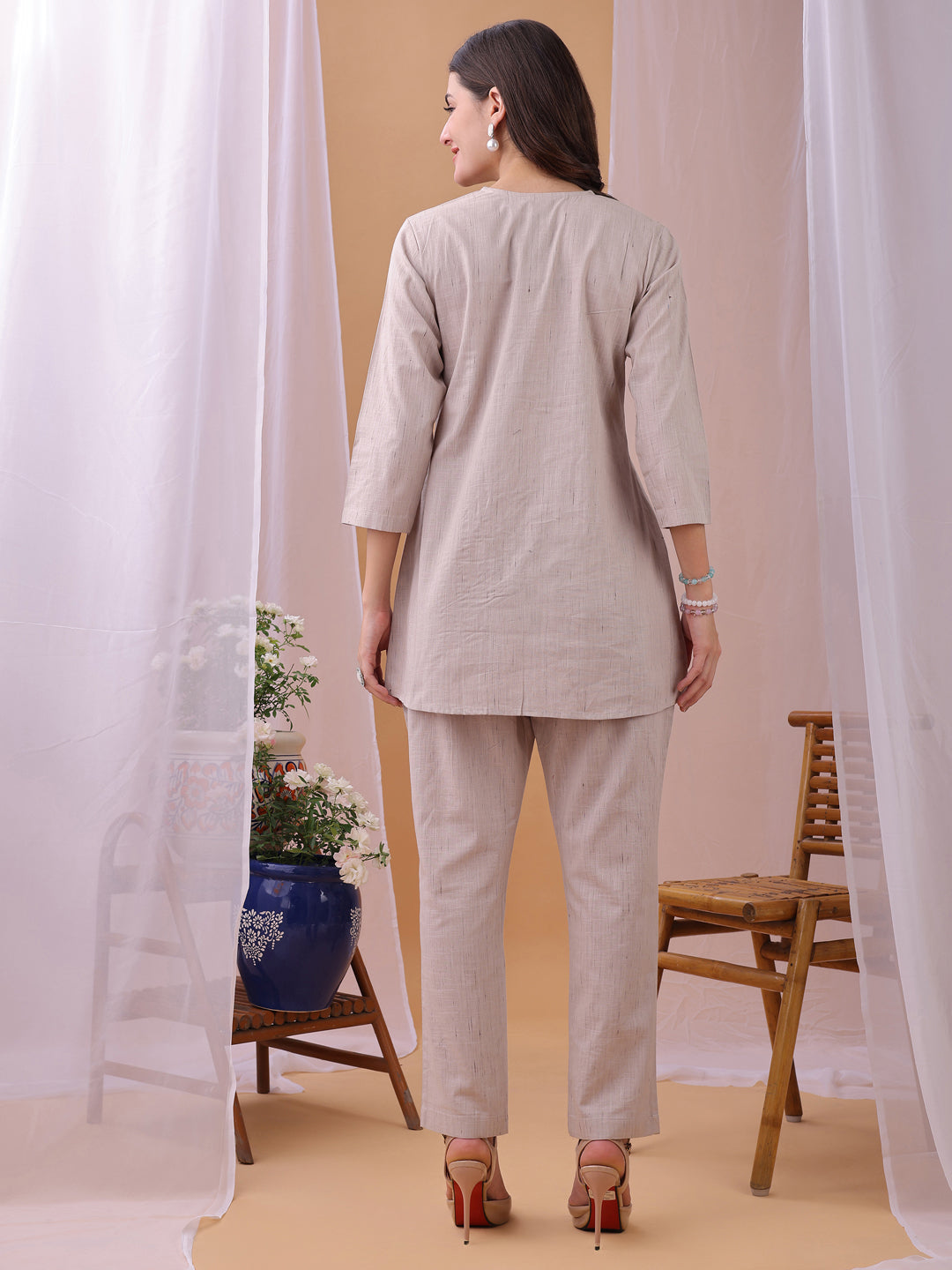 Brown Pure Flex Cotton Handwork Floral Co-ords set