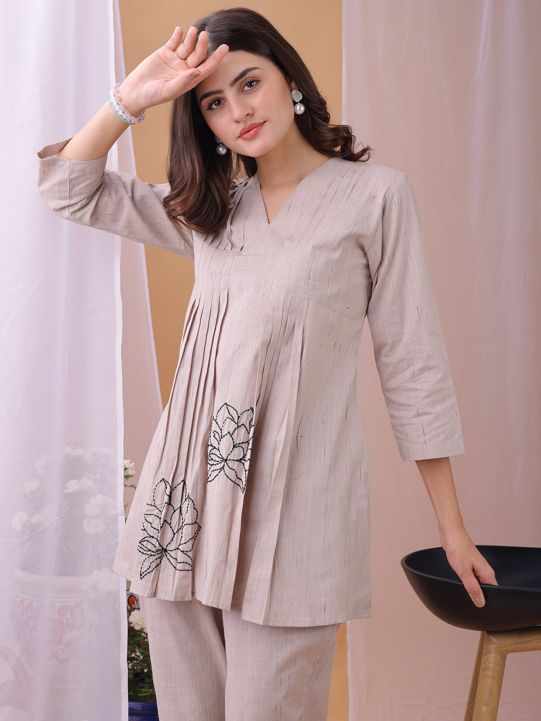 Brown Pure Flex Cotton Handwork Floral Co-ords set