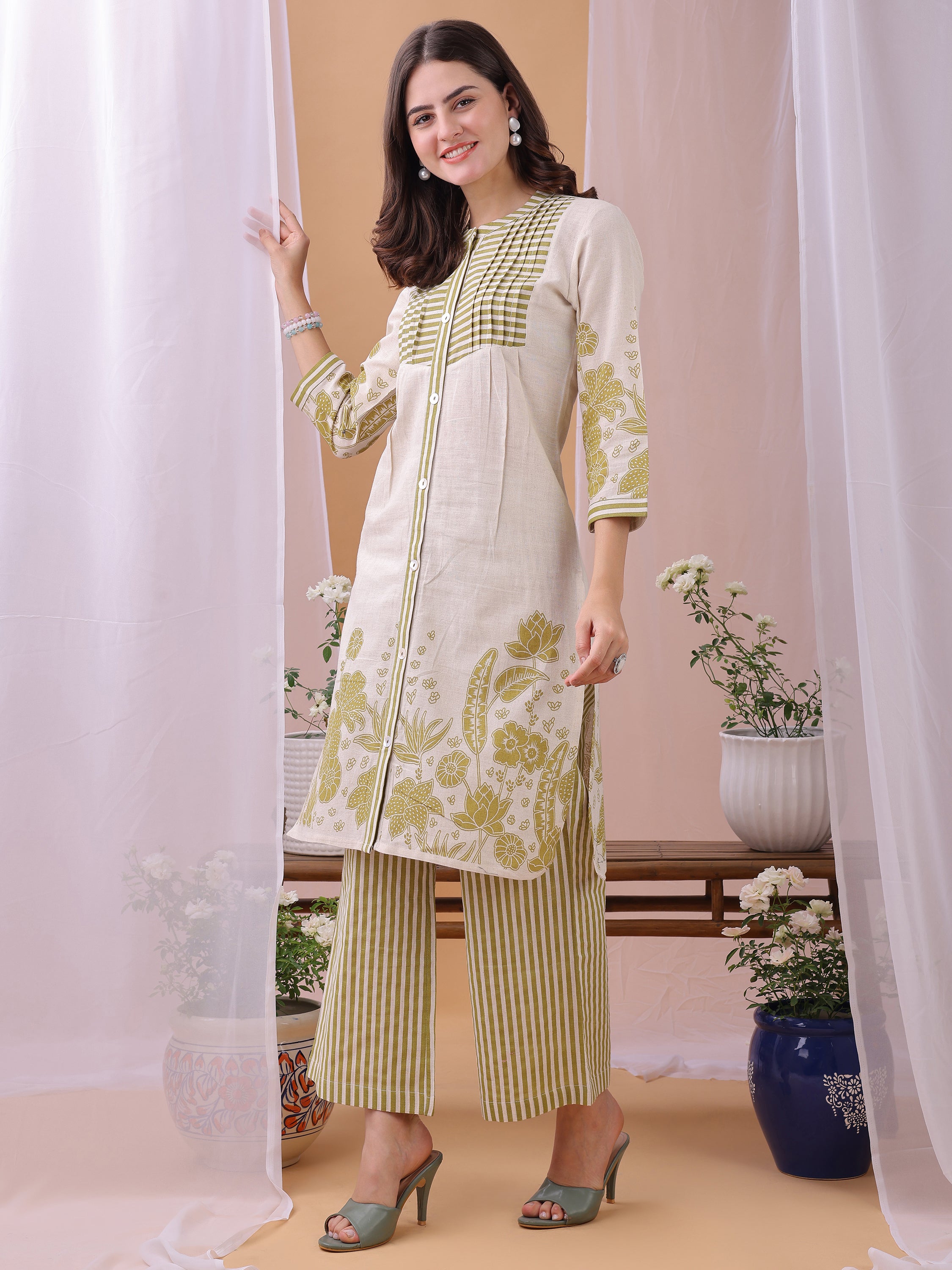 Parrot Green Pure Flex Cotton Printed Floral Co-ords set