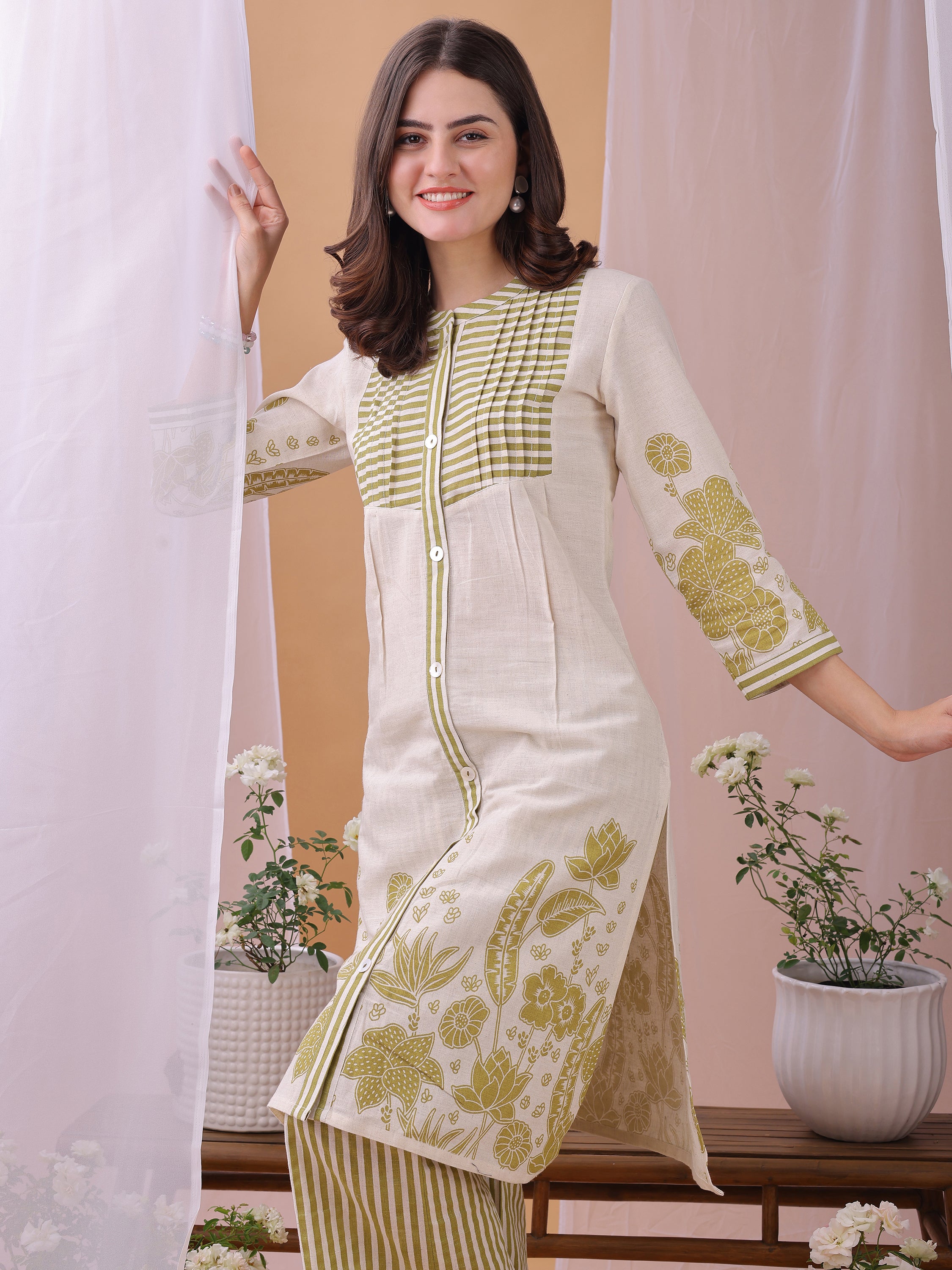 Parrot Green Pure Flex Cotton Printed Floral Co-ords set