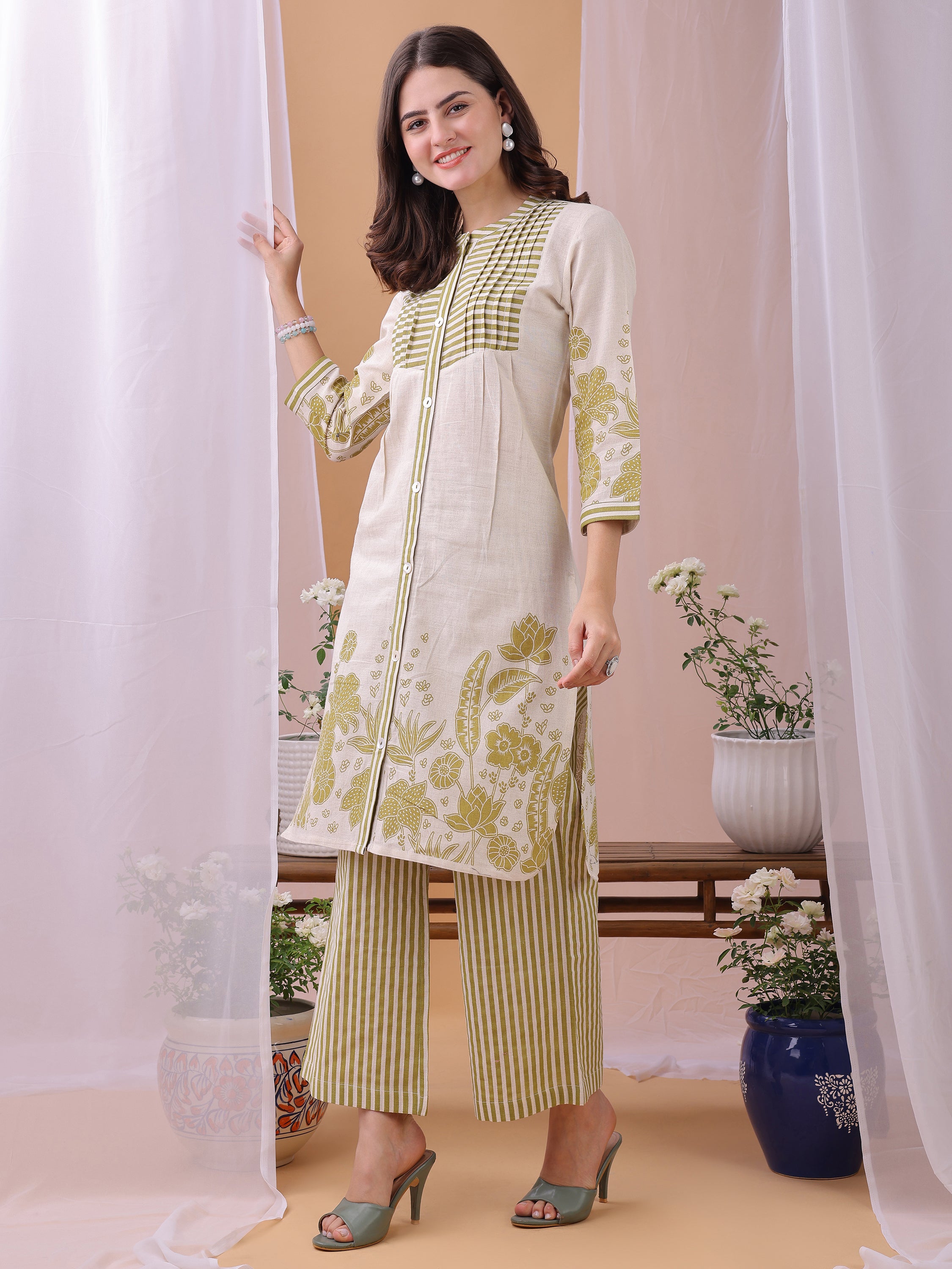 Parrot Green Pure Flex Cotton Printed Floral Co-ords set