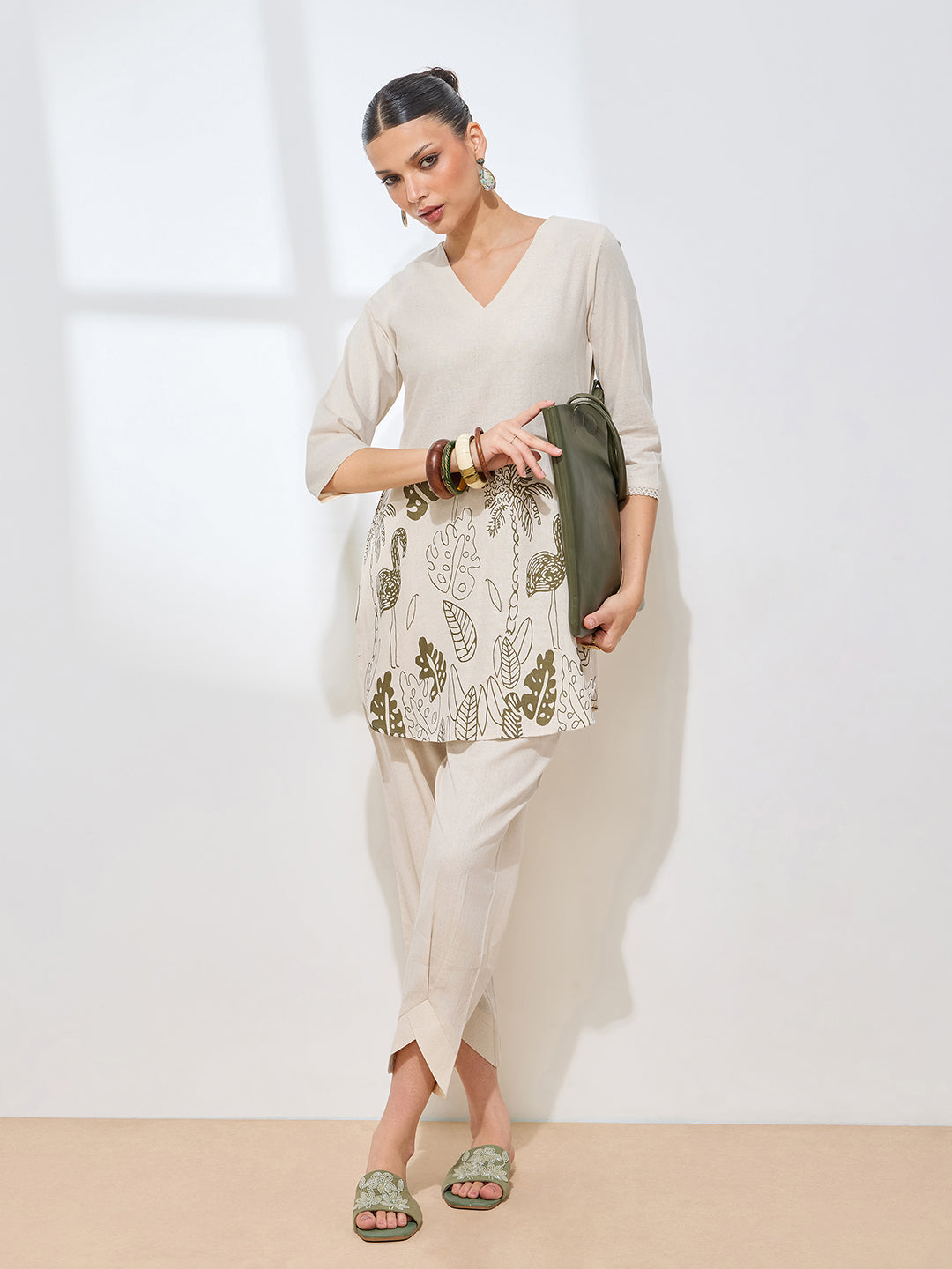 Women's Olive Green Floral Printed Pure Flex Cotton Co-ord Set