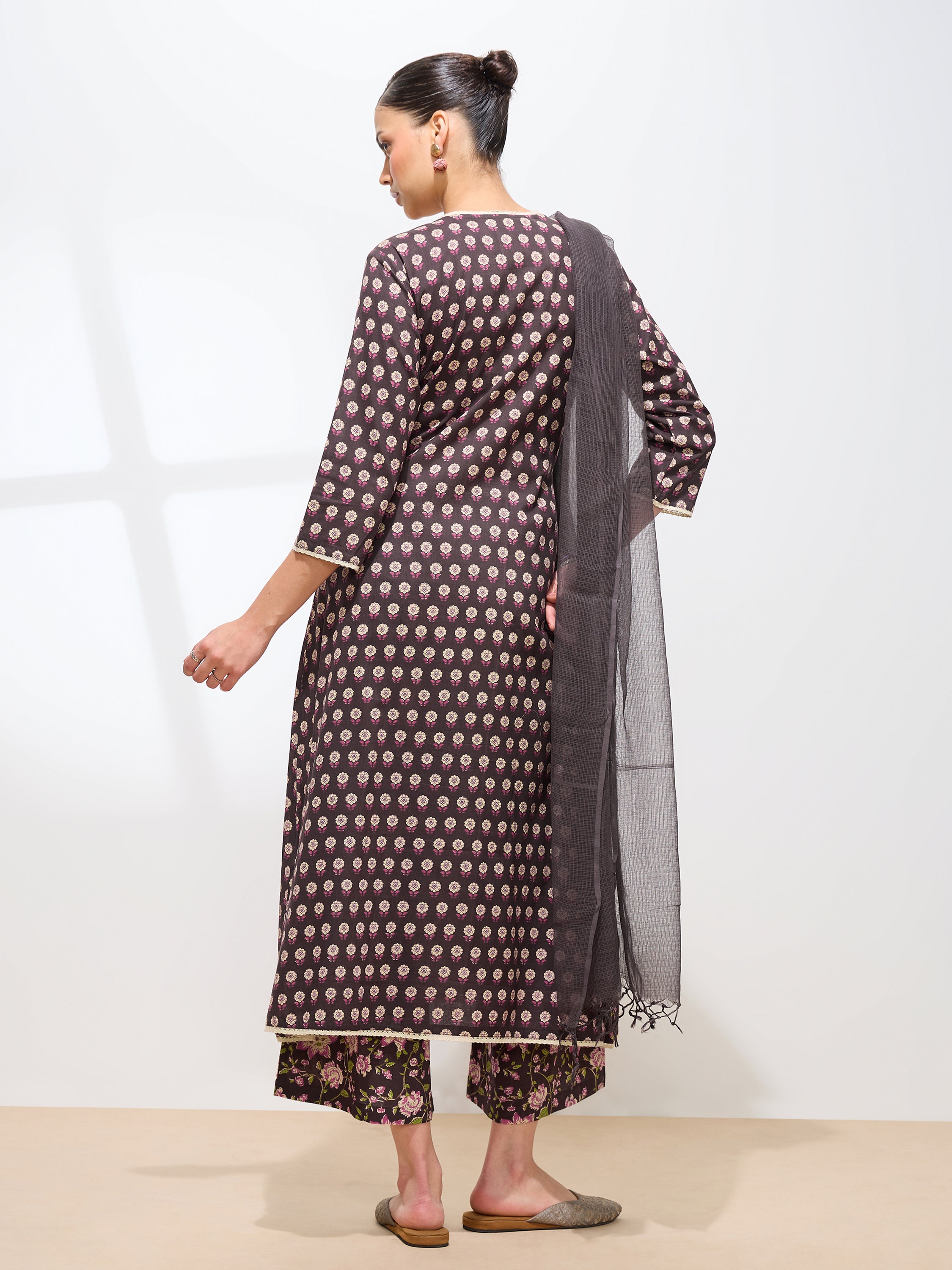 Graceful Brown Floral Printed Cotton Kurta set