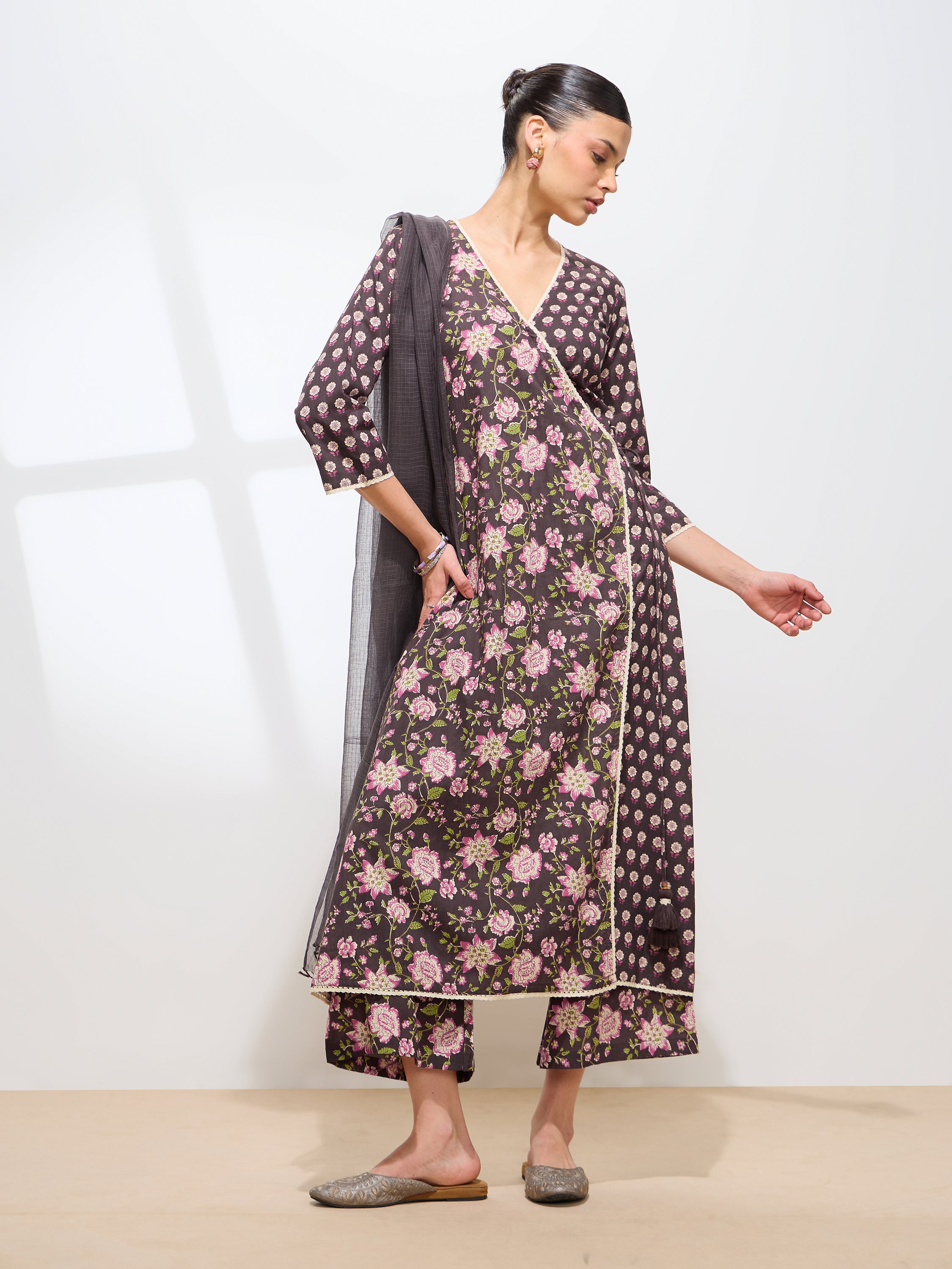 Graceful Brown Floral Printed Cotton Kurta set