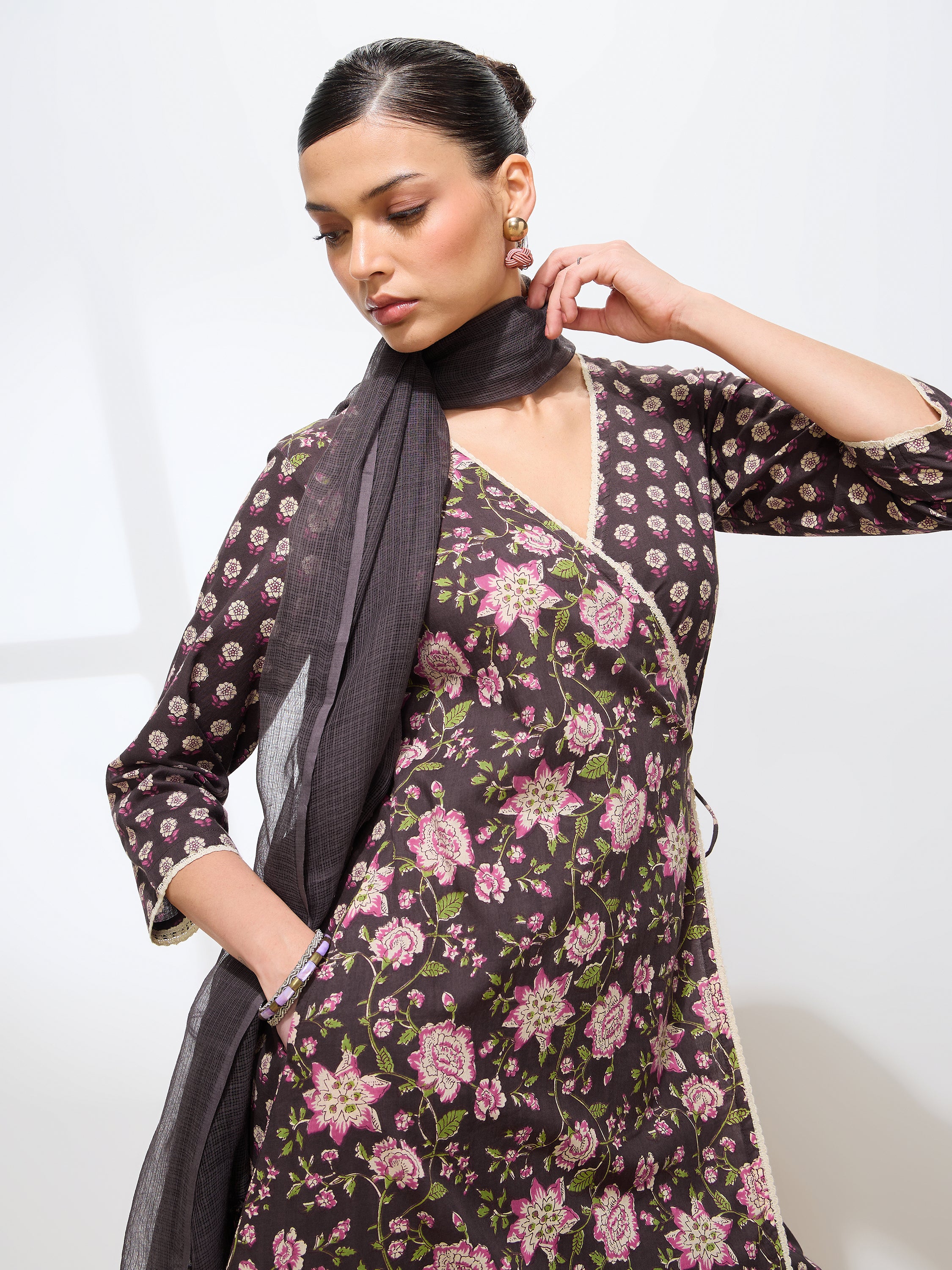 Graceful Brown Floral Printed Cotton Kurta set