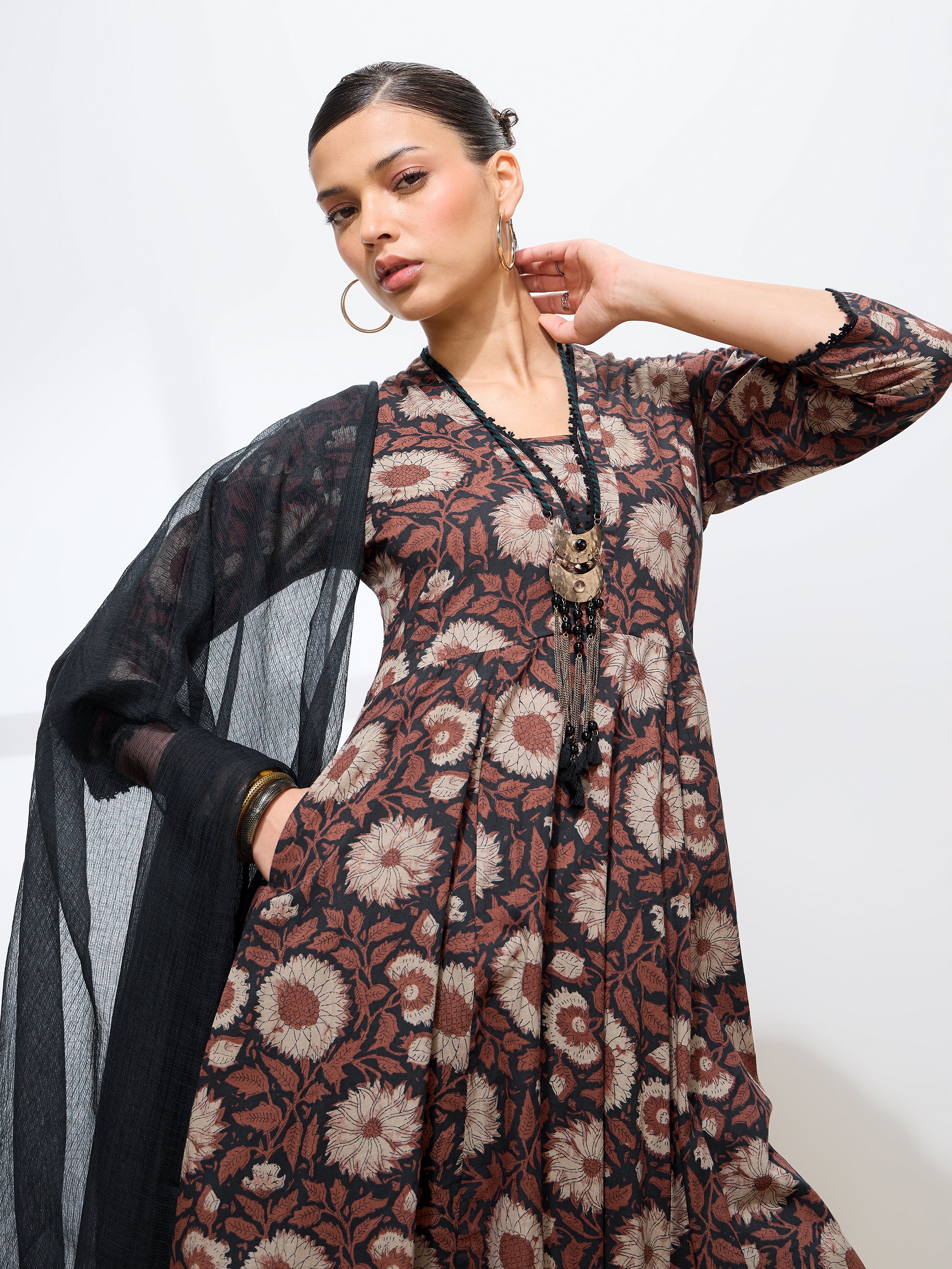 Graceful Black Floral Printed Cotton Kurta set
