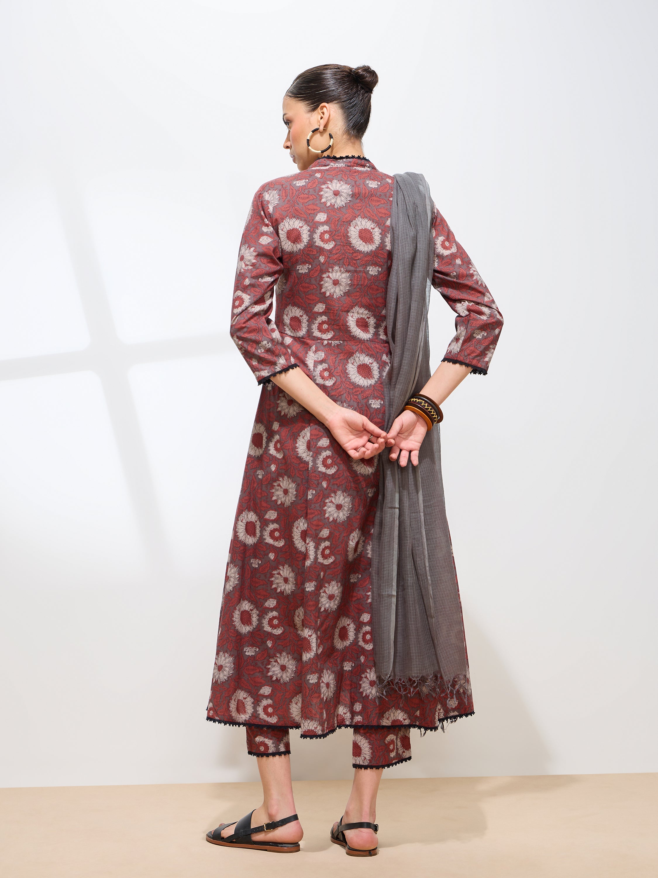 Graceful Brown Floral Printed Cotton Kurta set
