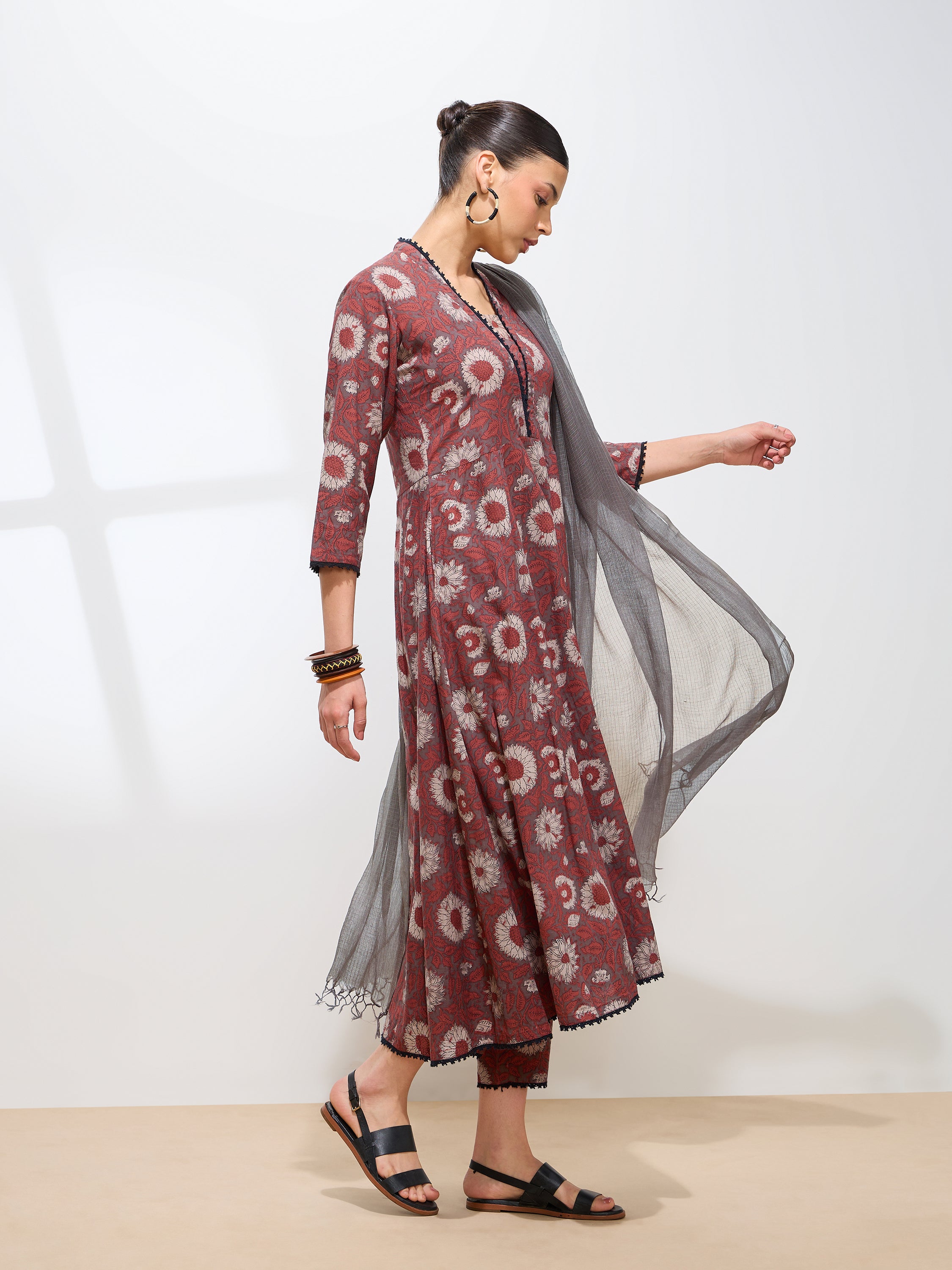 Graceful Brown Floral Printed Cotton Kurta set