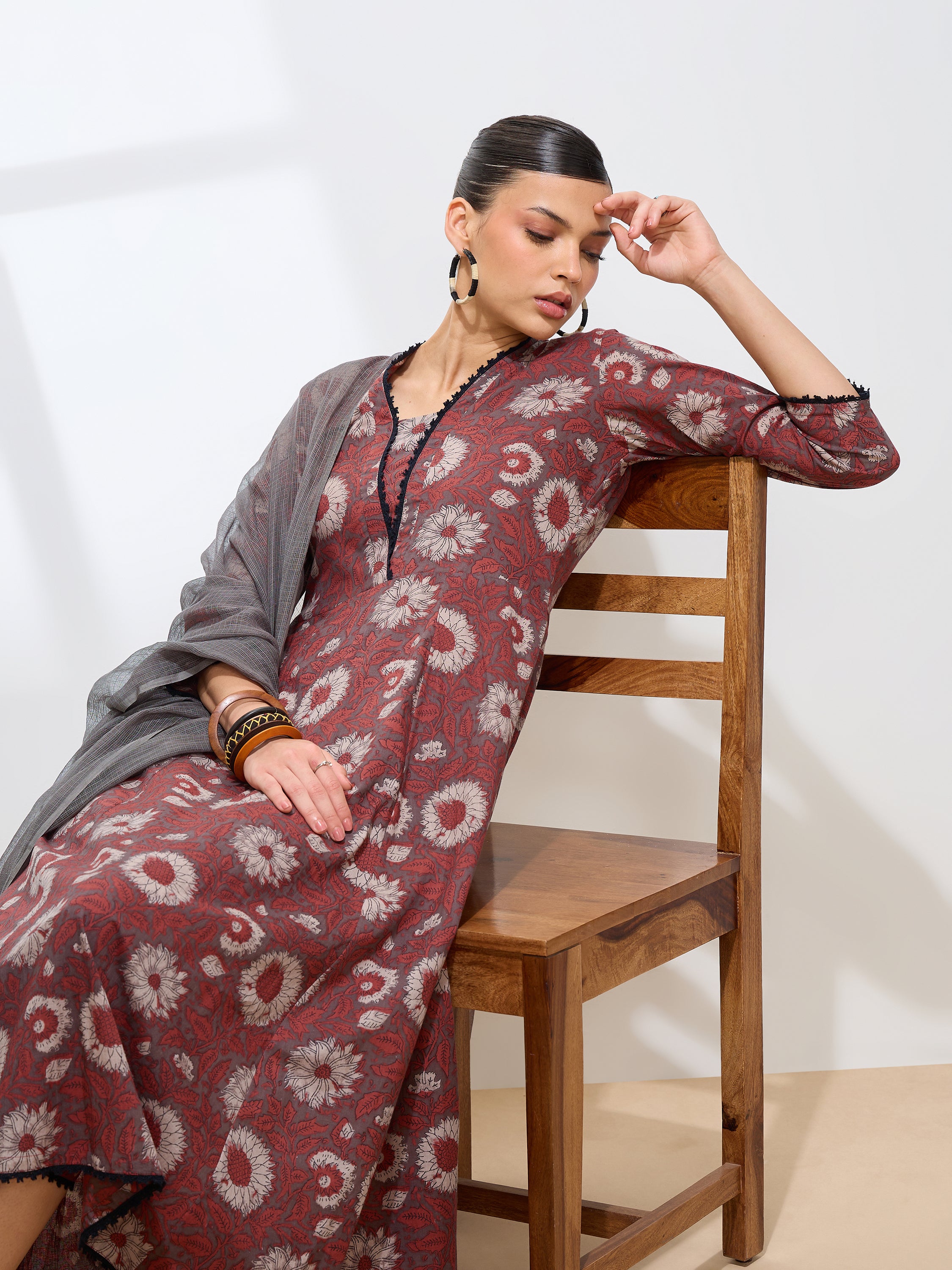 Graceful Brown Floral Printed Cotton Kurta set