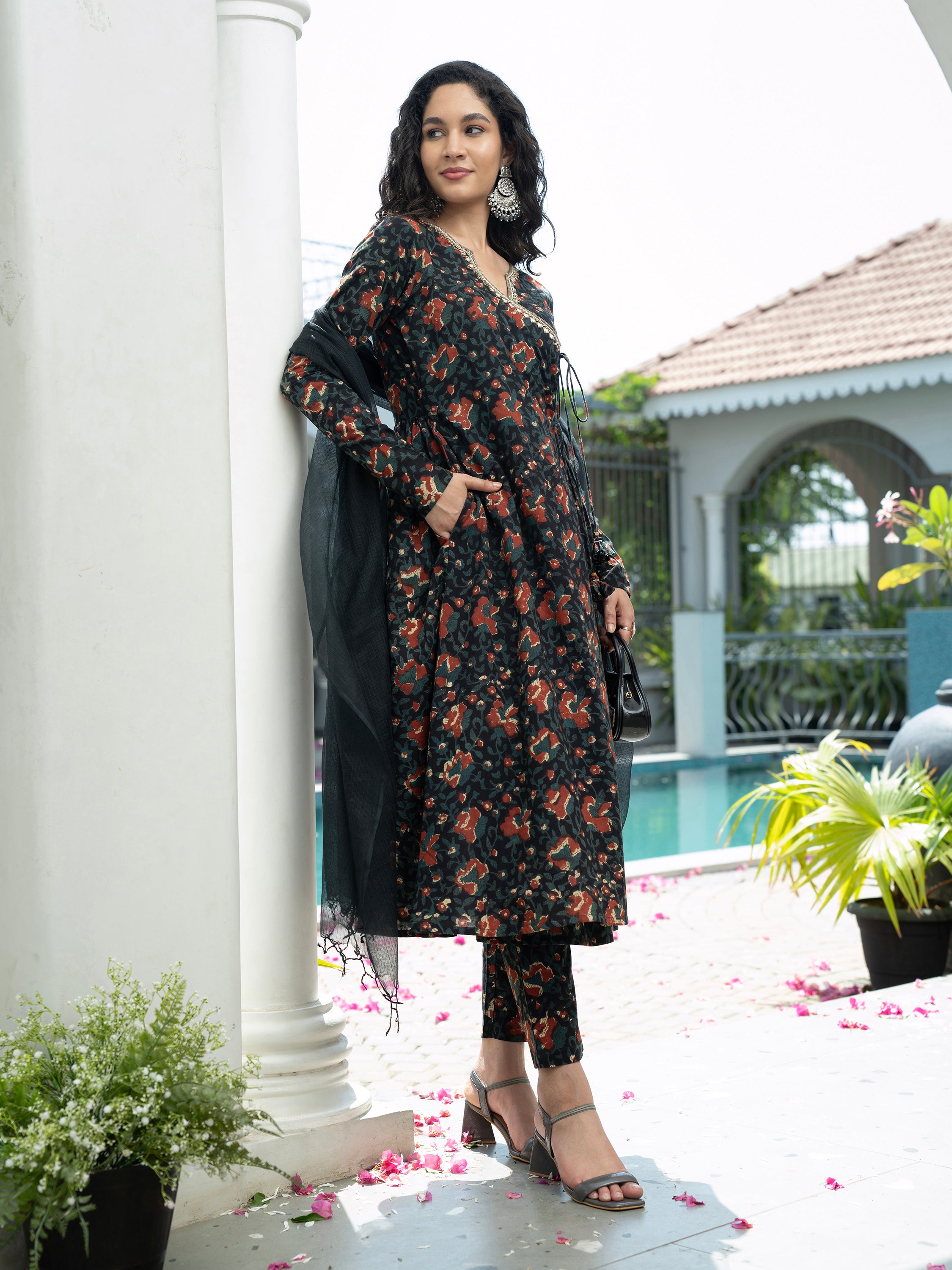 Black Floral Mirror Handwork Pure Cotton Kurta set