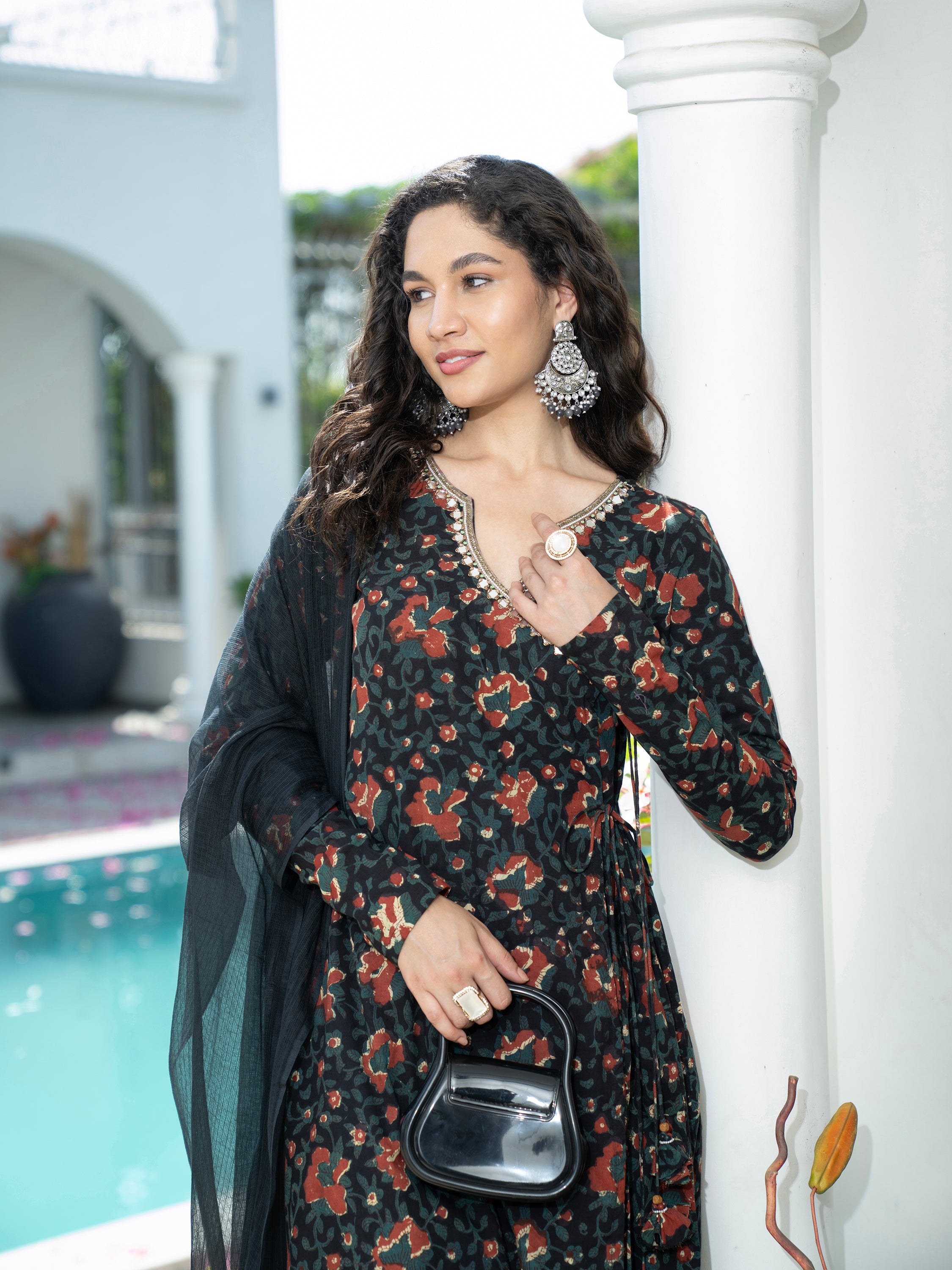 Black Floral Mirror Handwork Pure Cotton Kurta set