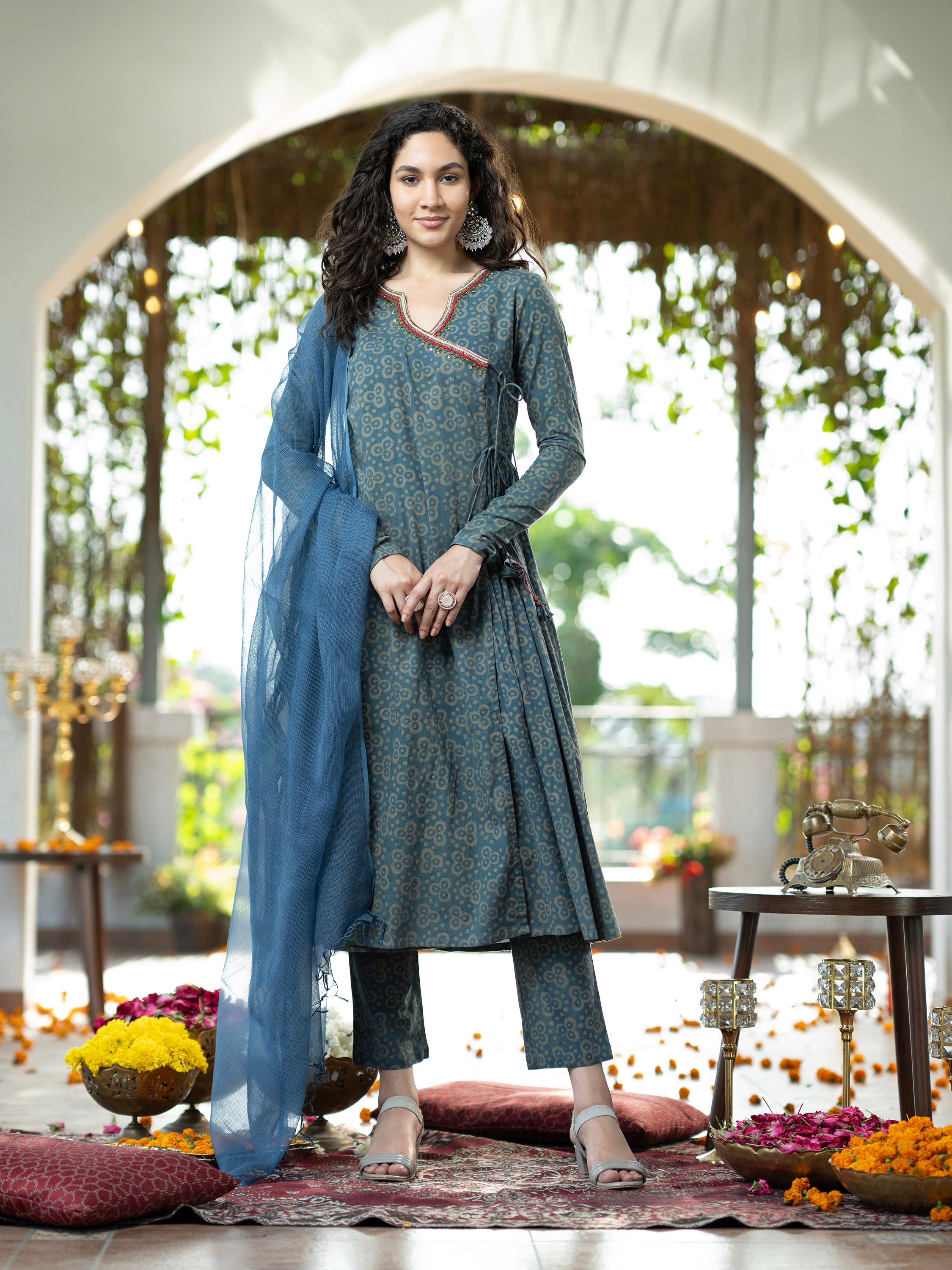 Blue Block Mirror Handwork Pure Cotton Kurta set