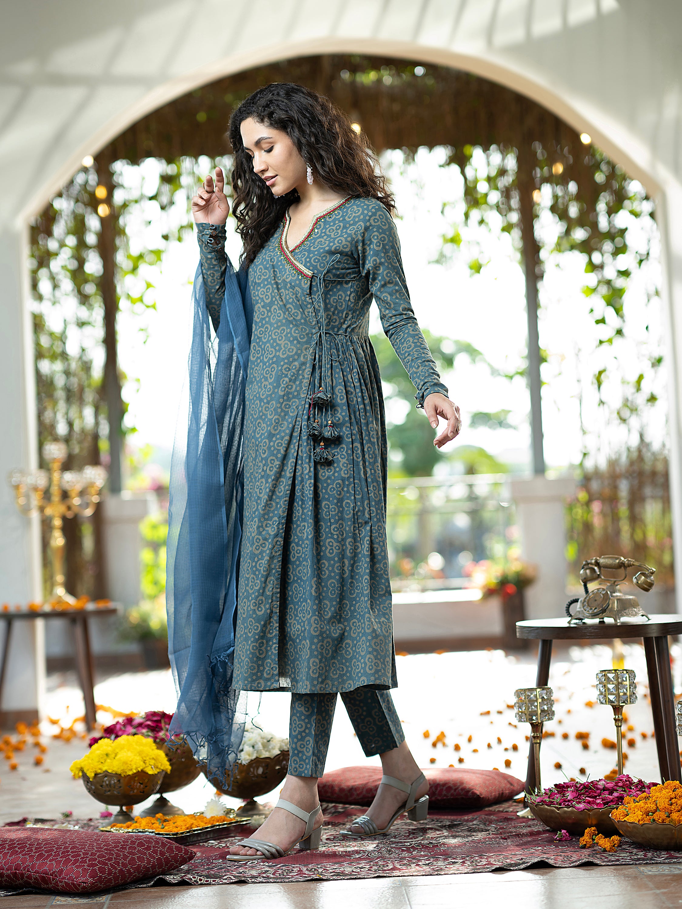 Blue Block Mirror Handwork Pure Cotton Kurta set