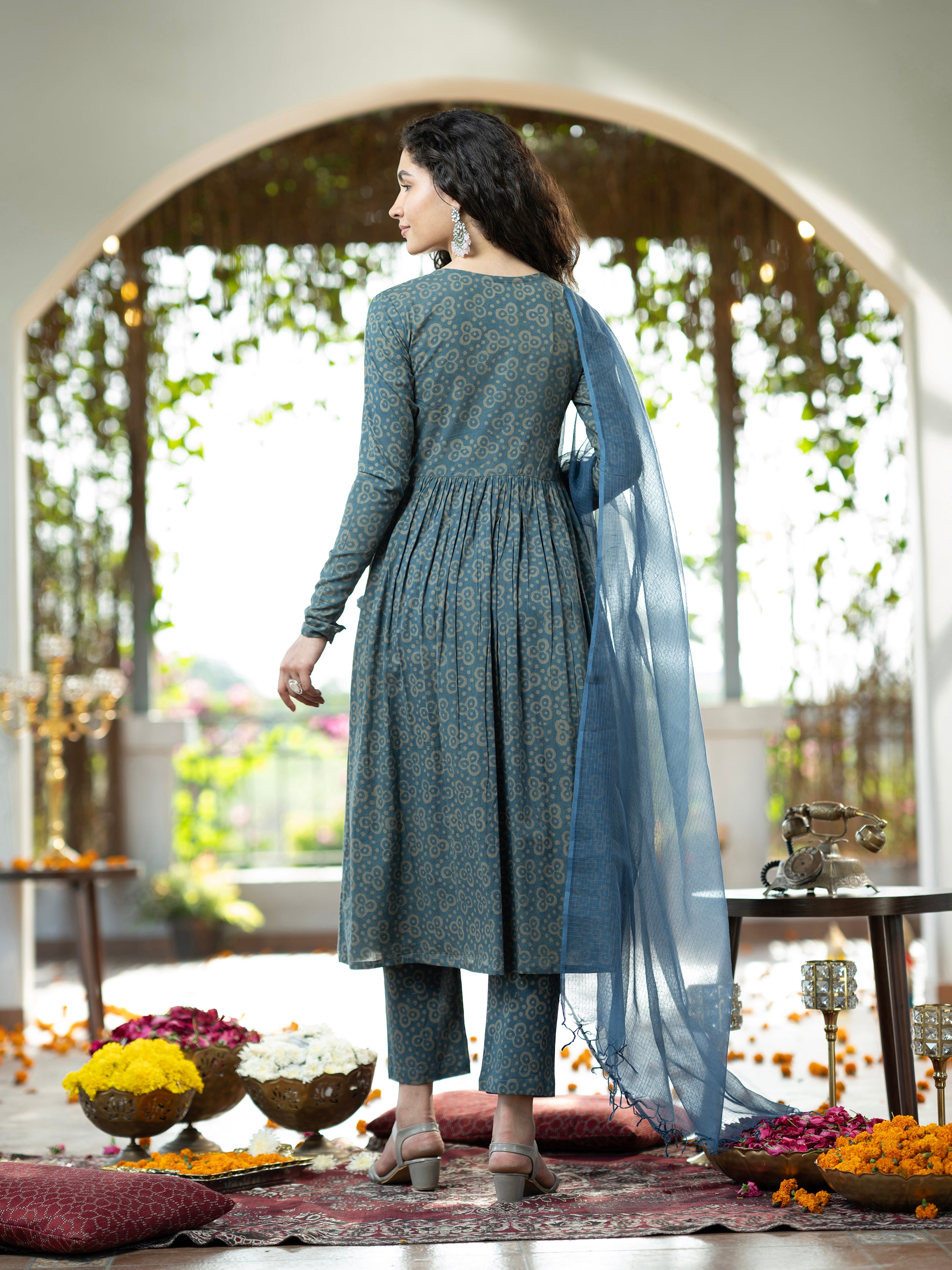 Blue Block Mirror Handwork Pure Cotton Kurta set