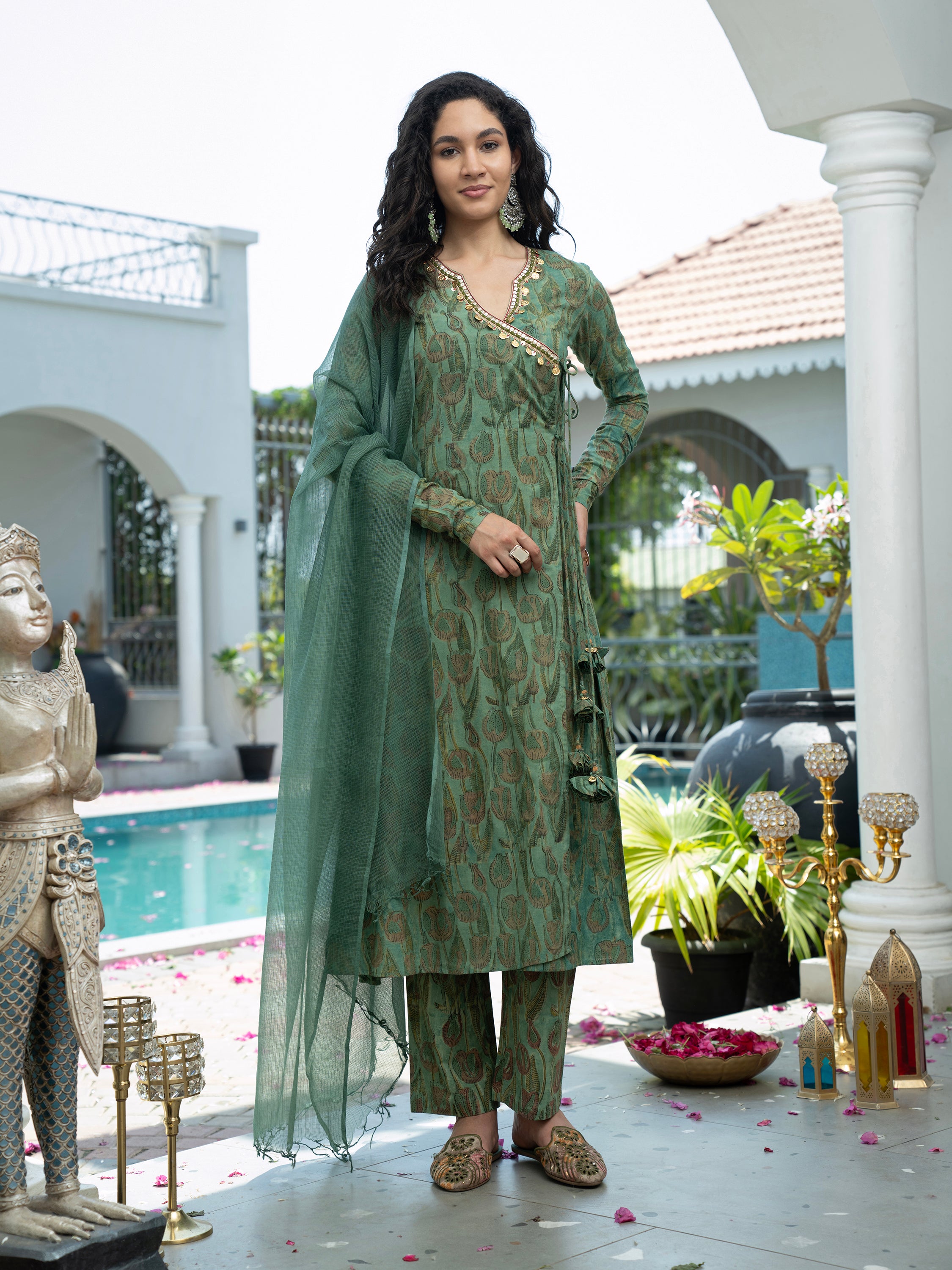 Green Floral Thread work Pure Cotton Kurta set