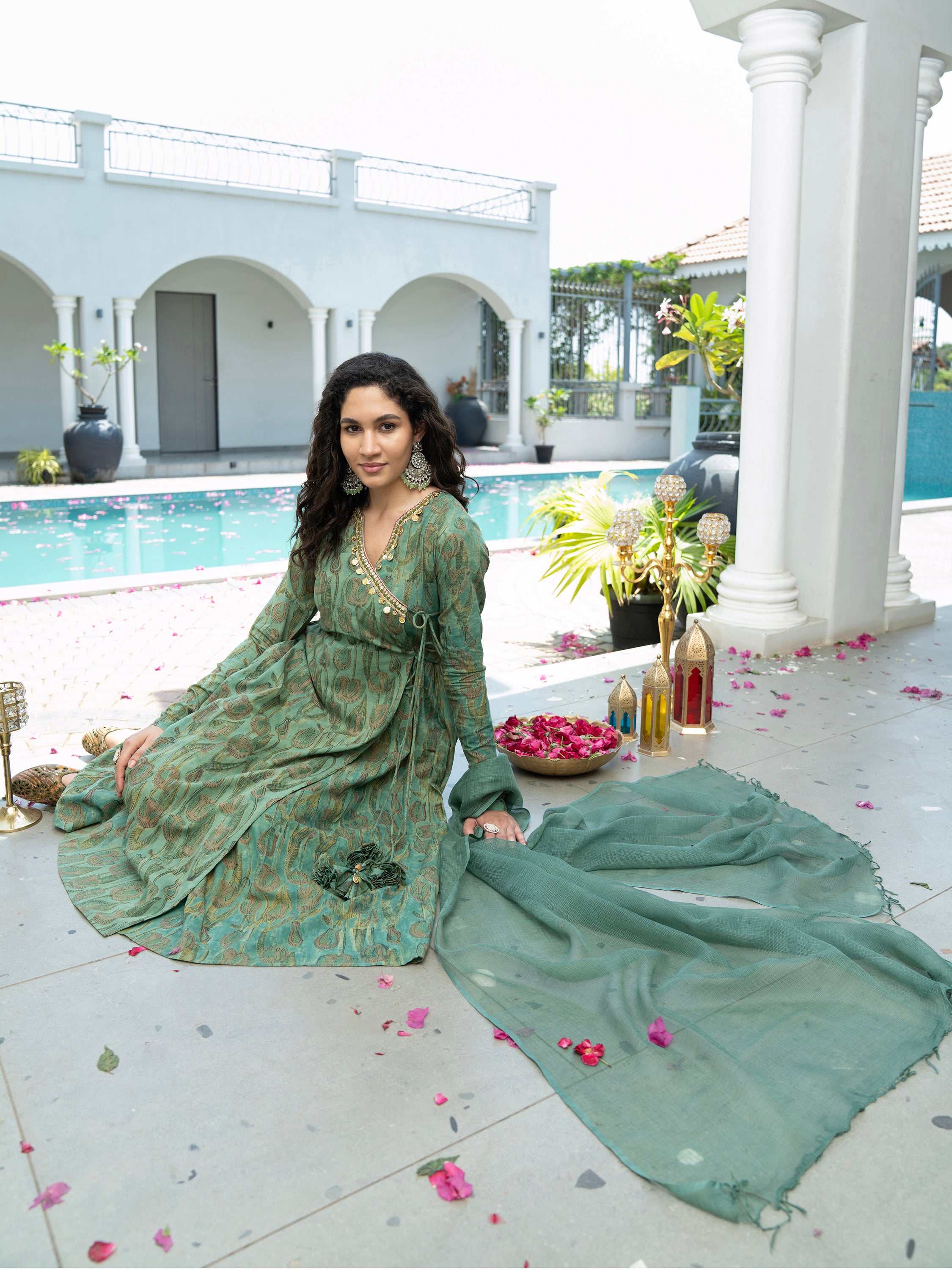 Green Floral Thread work Pure Cotton Kurta set
