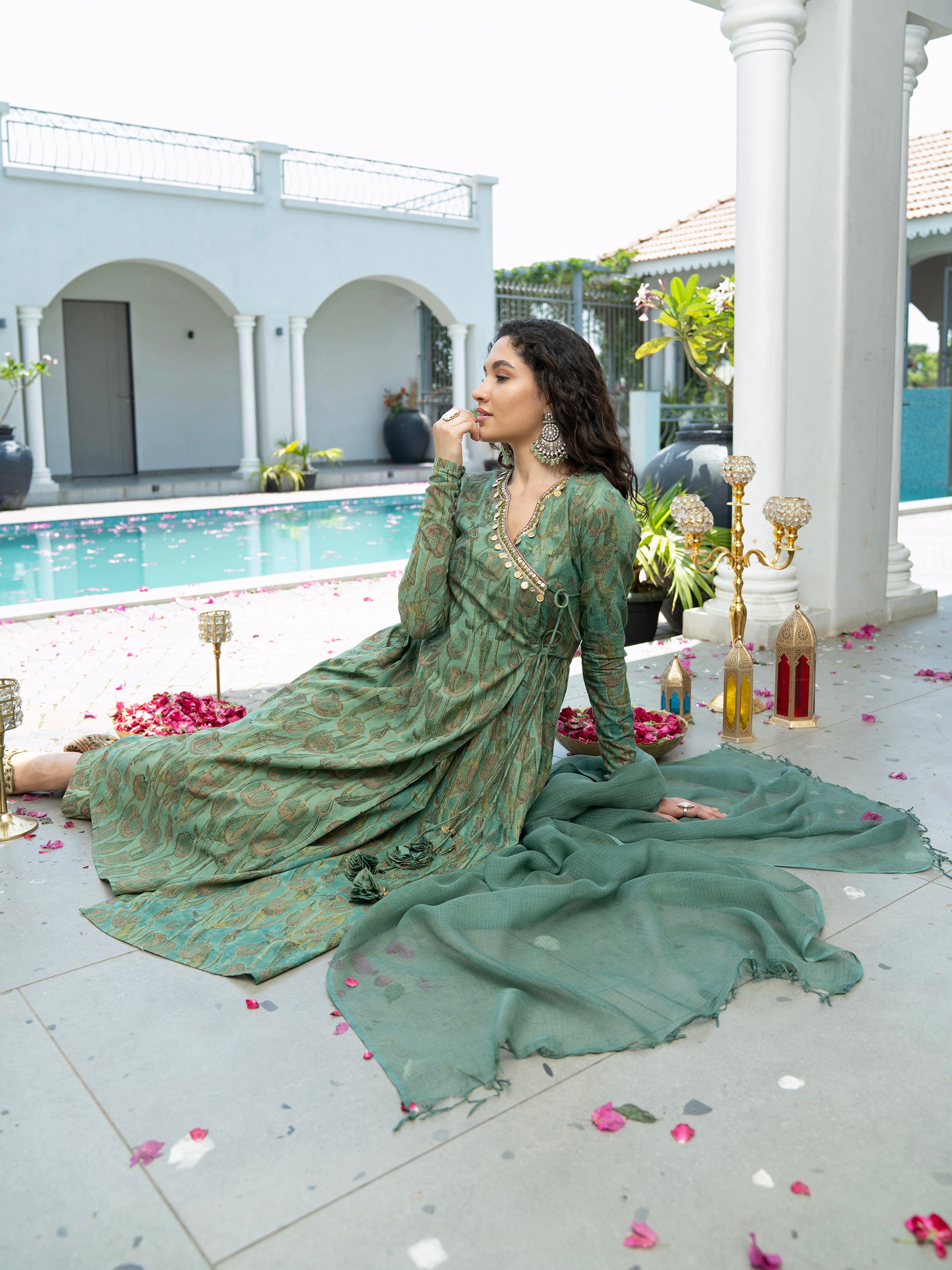 Green Floral Thread work Pure Cotton Kurta set