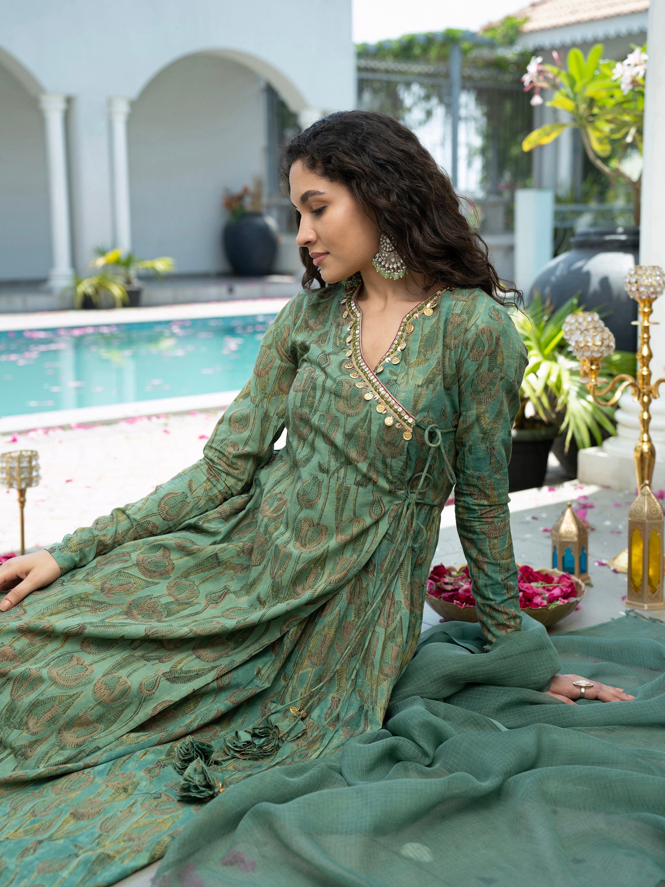 Green Floral Thread work Pure Cotton Kurta set