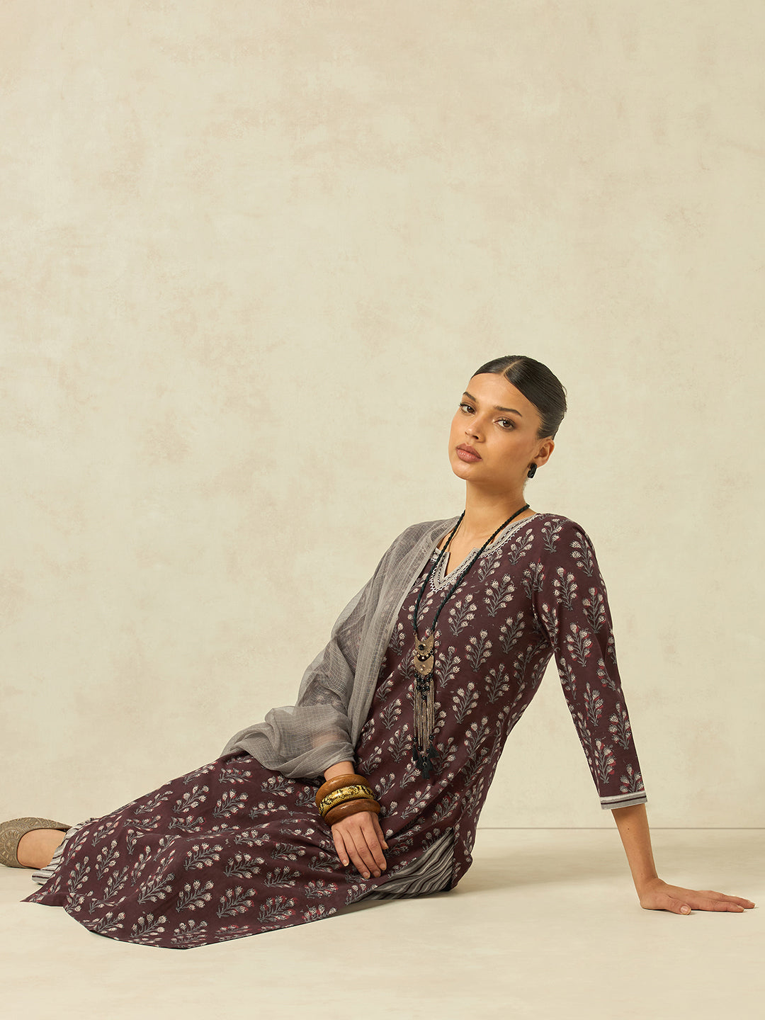 Women Brown Floral Printed Pure Cotton Kurta with Striped Pant and Pure Kota Checks Dupatta Set