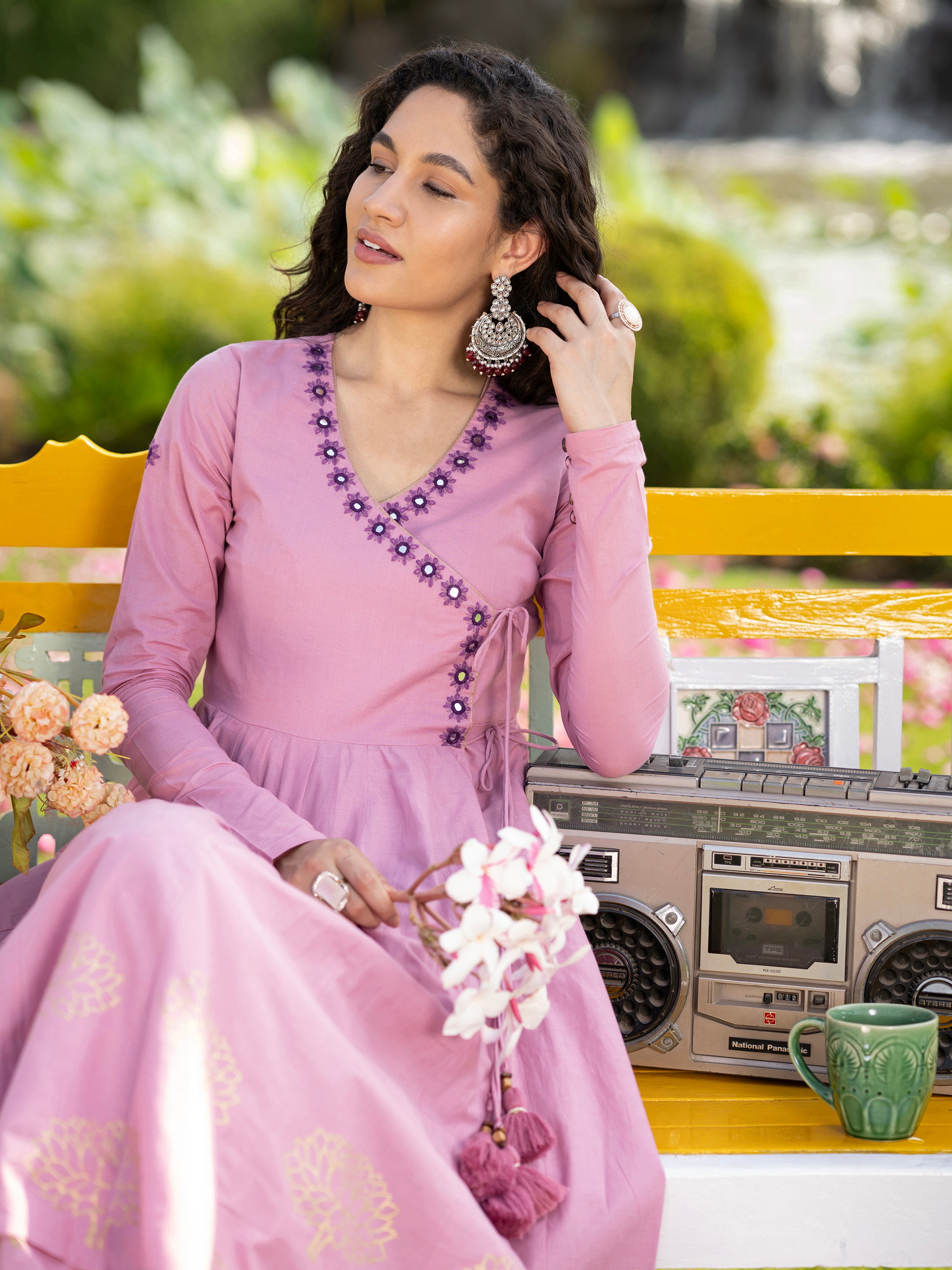 Lavender Blockprint Handwork Pure Mul Cotton Kurta set