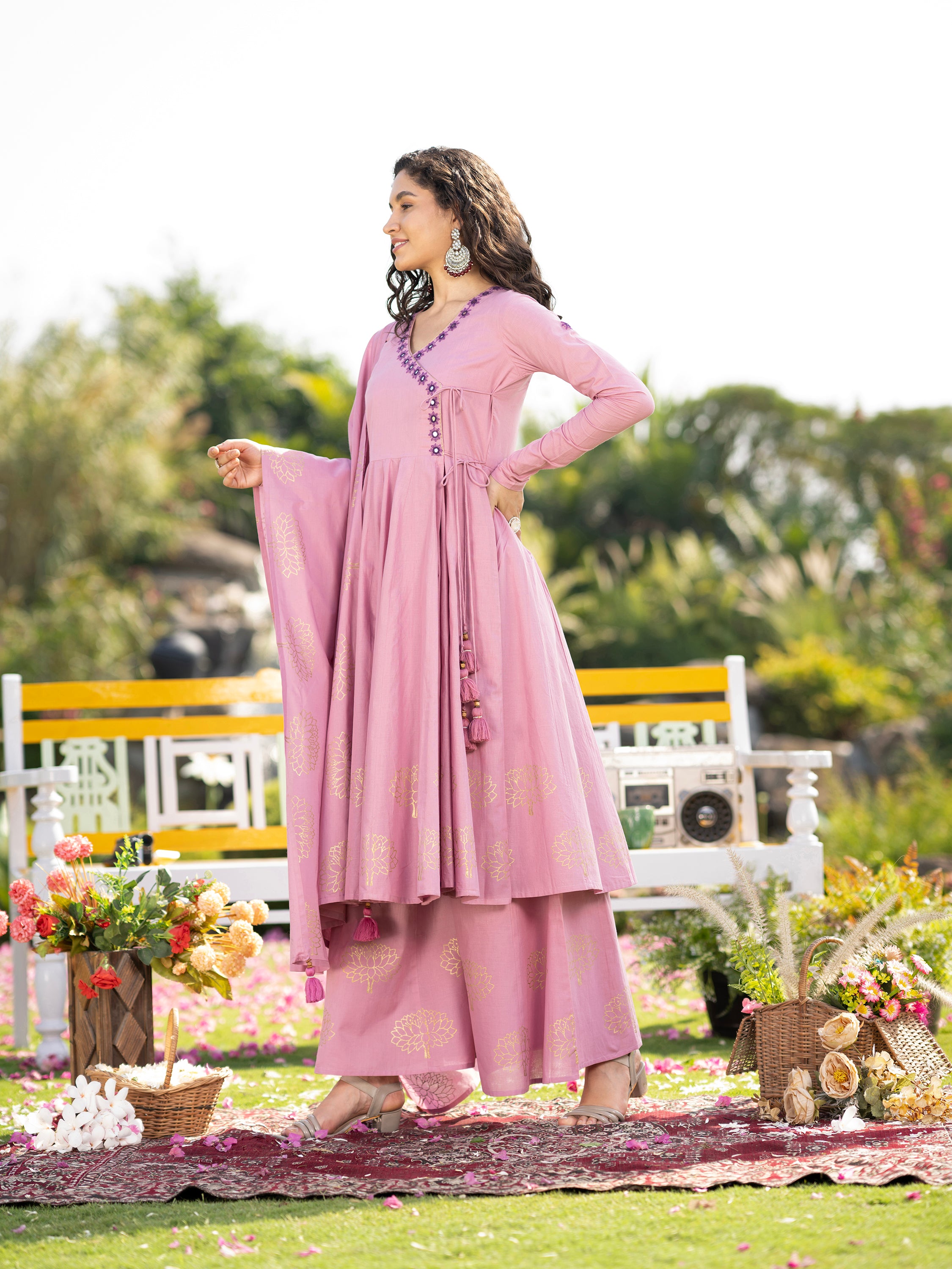 Lavender Blockprint Handwork Pure Mul Cotton Kurta set
