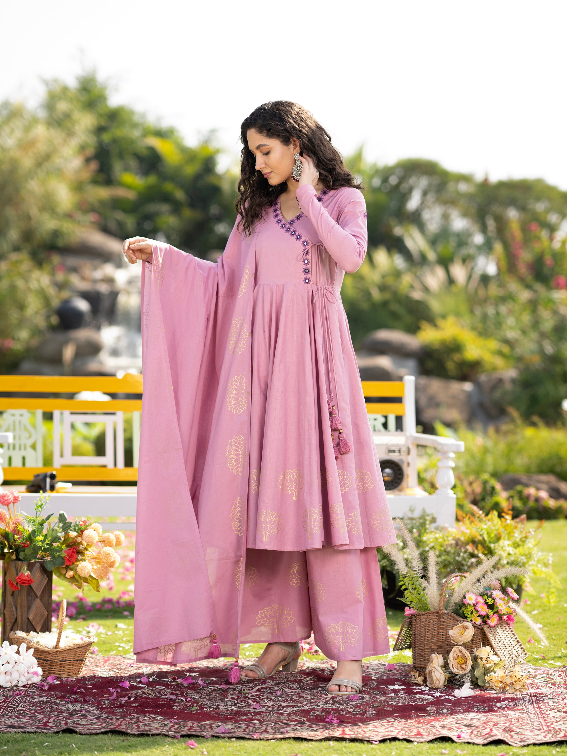 Lavender Blockprint Handwork Pure Mul Cotton Kurta set